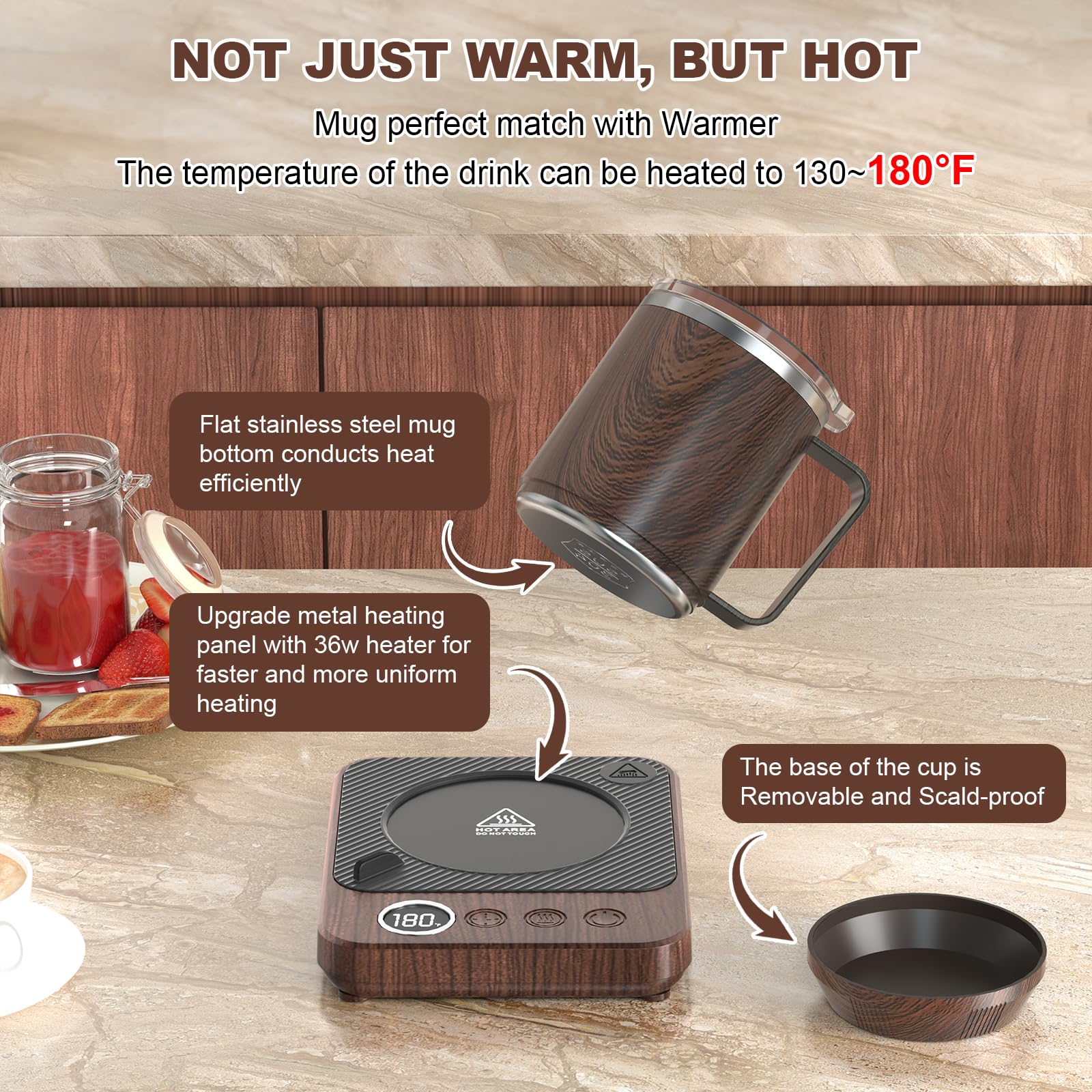 Chauffe-tasse à café et tasse pour bureau, chauffe-tasse à café électrique de 36 W avec arrêt automatique/minuterie, chauffage intelligent avec tasse de 473,6 g pour la maison/le bureau, tasse à café