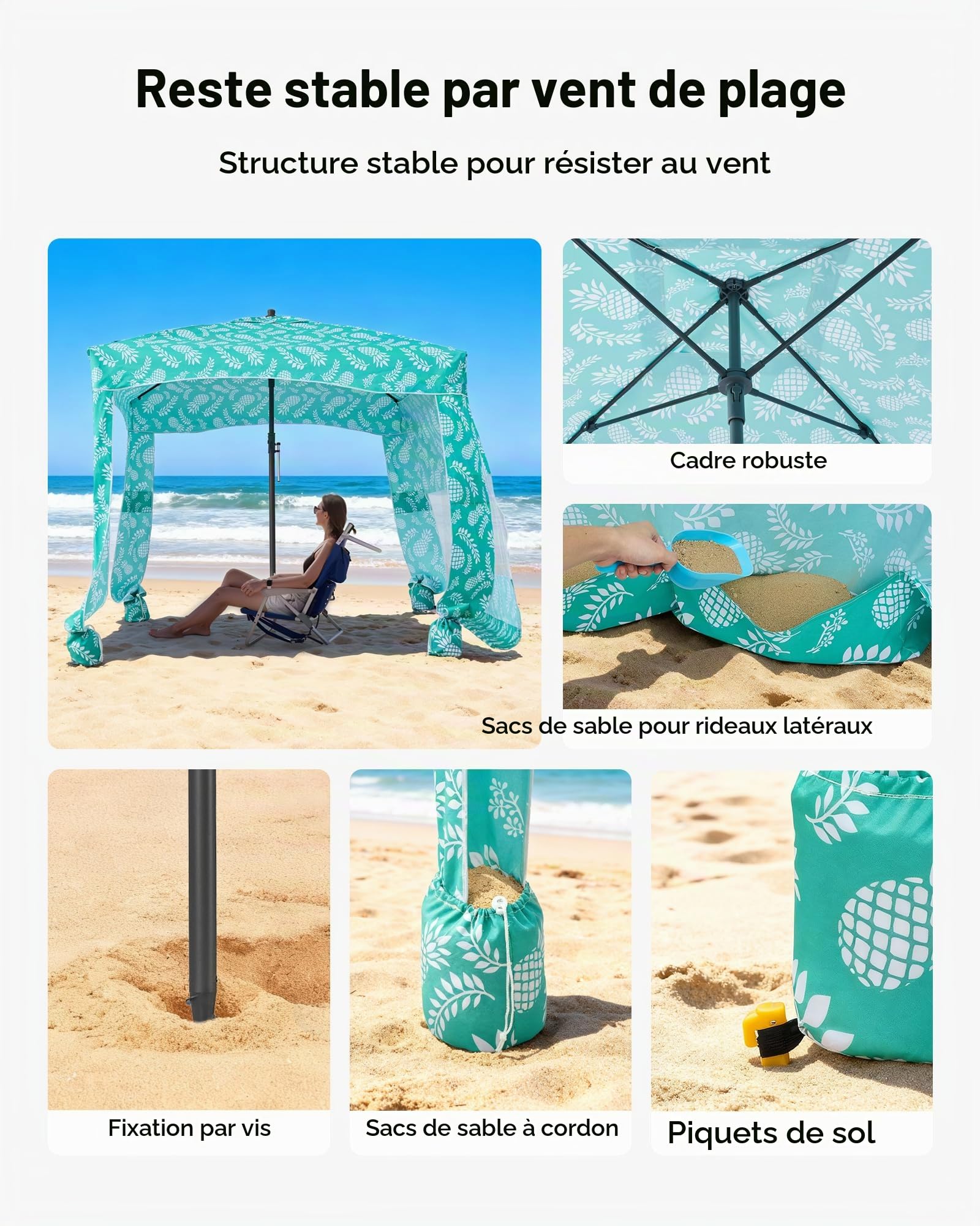 VEVOR Tonnelle de Plage 1,83x1,83 m, Abri de Plage avec Parois Latérales et Poches à Sable, Tente de Camping Extérieur Portable avec Sac, Protection UPF 50+, Hauteur Réglable, Ombrage Spacieux, Vert