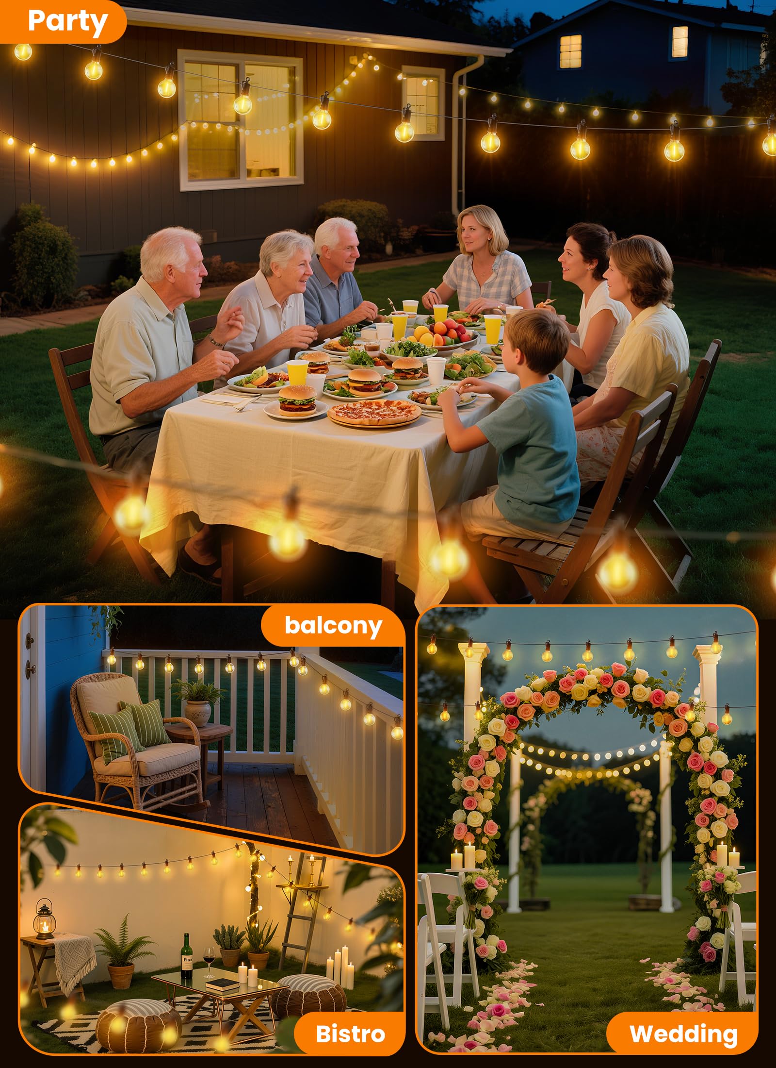 Outdoor String Patio Lights 100FT 50 LED String Lights Waterproof Connectable Shatterproof Hanging Outside Light Backyard Porch Deck Balcony Garden Yard Decor Lighting Edison Bulbs 2200K - 4