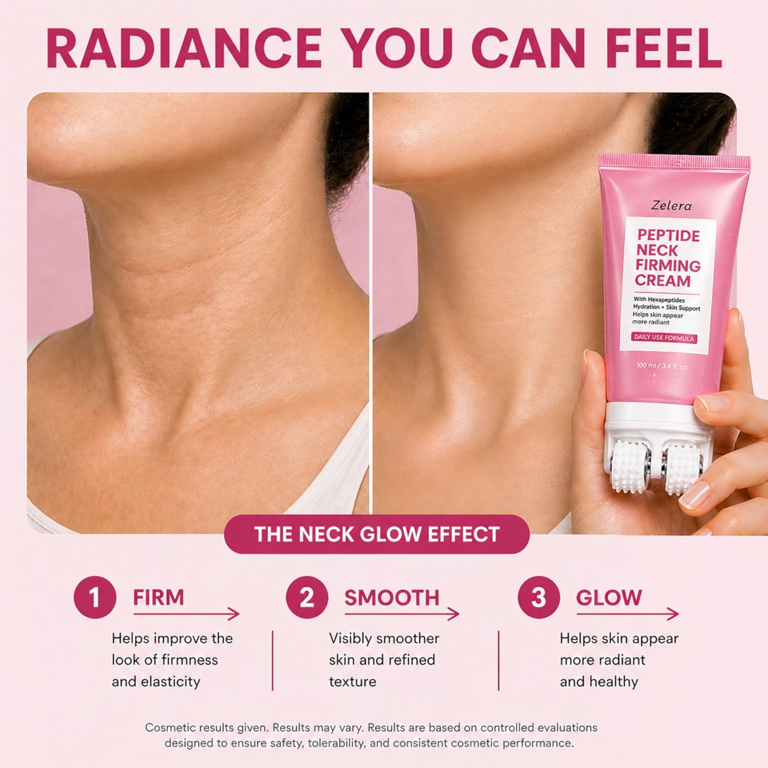 Pink Peptide Lifting Neck Cream, AH-8 Hexapeptide Firming Formula – Built-In Dual Roller for Crepey, Sagging Skin | Visibly Tightens, Lifts & Moisturizes | All Skin Types | 100ml (1pc)