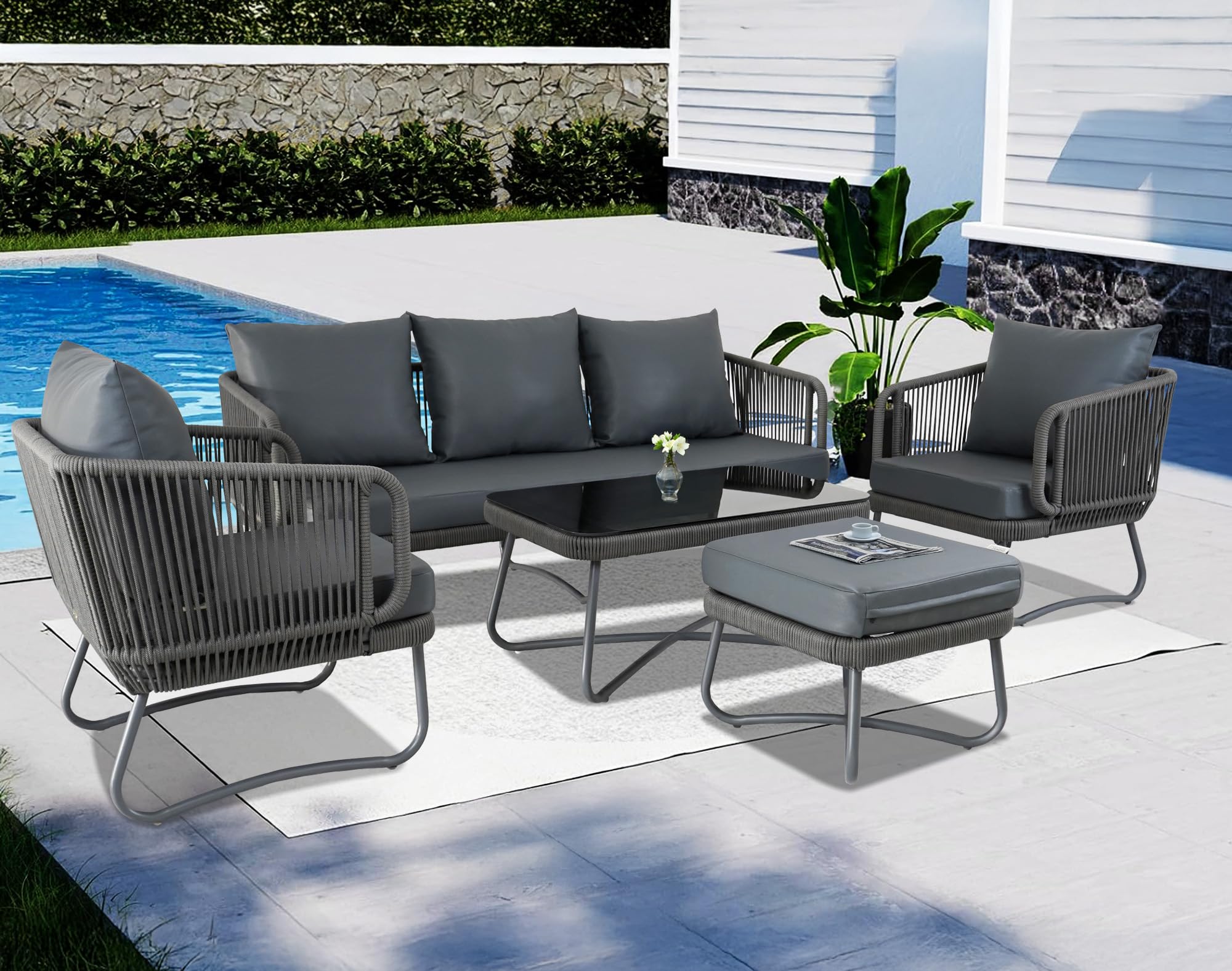 DEVOKO Outdoor 6 Seater Rope Sofa Set with Ottoman and Coffee Table for Garden, Pool, Deck, Backyard, Lawn, Terrace (Grey & Dark Grey)