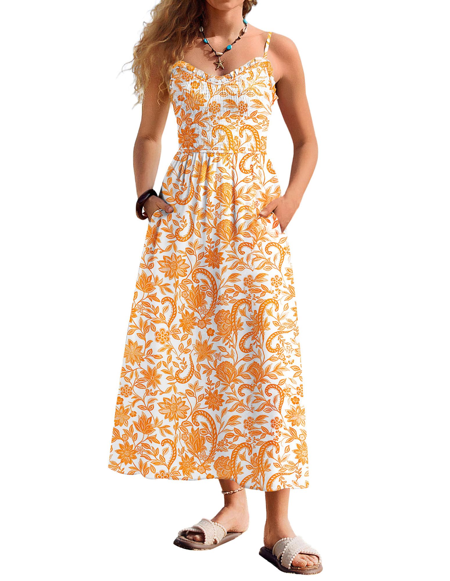 Kate Kasin Women's Yellow Floral Floral Sundress Summer Maxi Casual Beach Dress V-Neck Spaghetti Straps Smocked Dress S