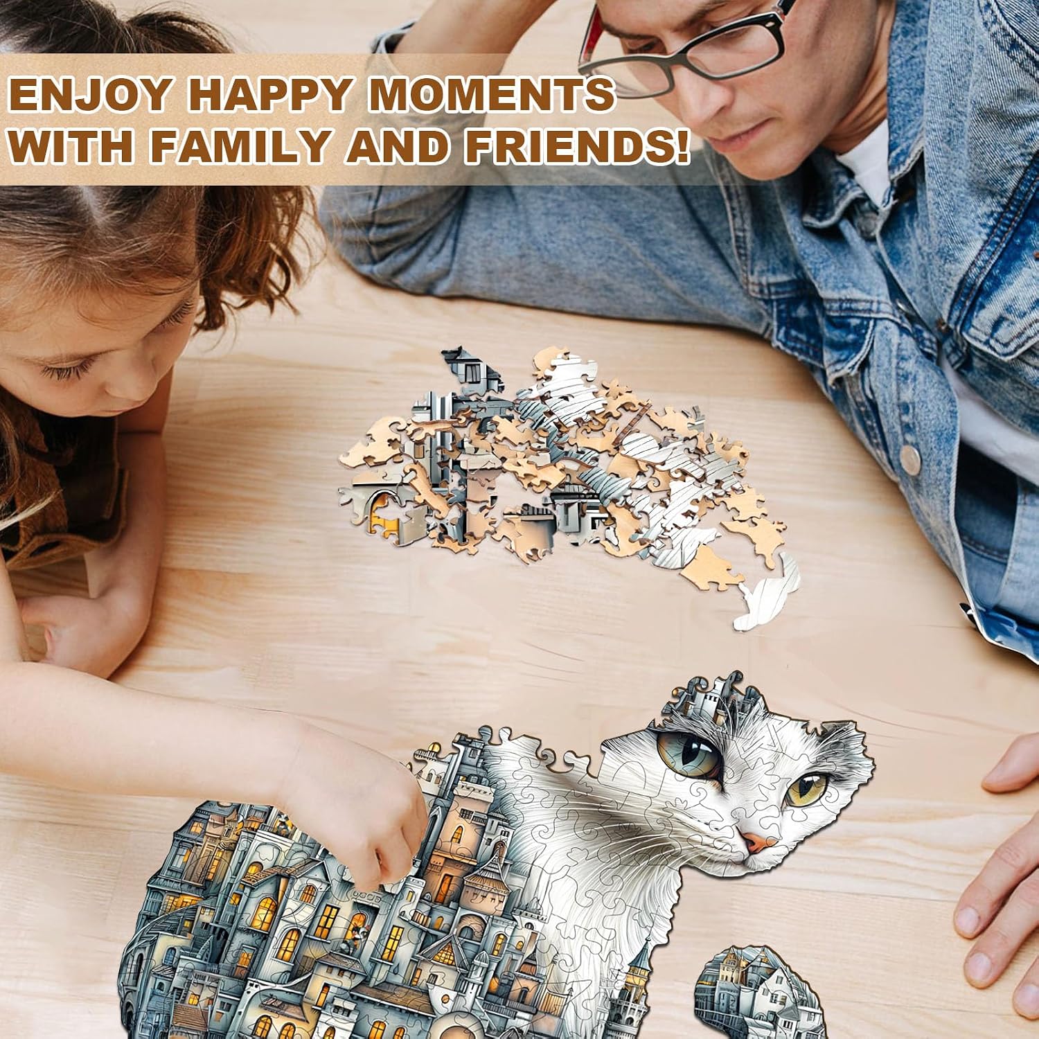 WOODBESTS Wooden Puzzles for Adults, City of Cats Wood Puzzles Adult(85 Pieces, S, 8.5 * 6.8in), Unique Shape Wooden Animal Jigsaw Puzzles, Birthday Gifts for Adults Family Game