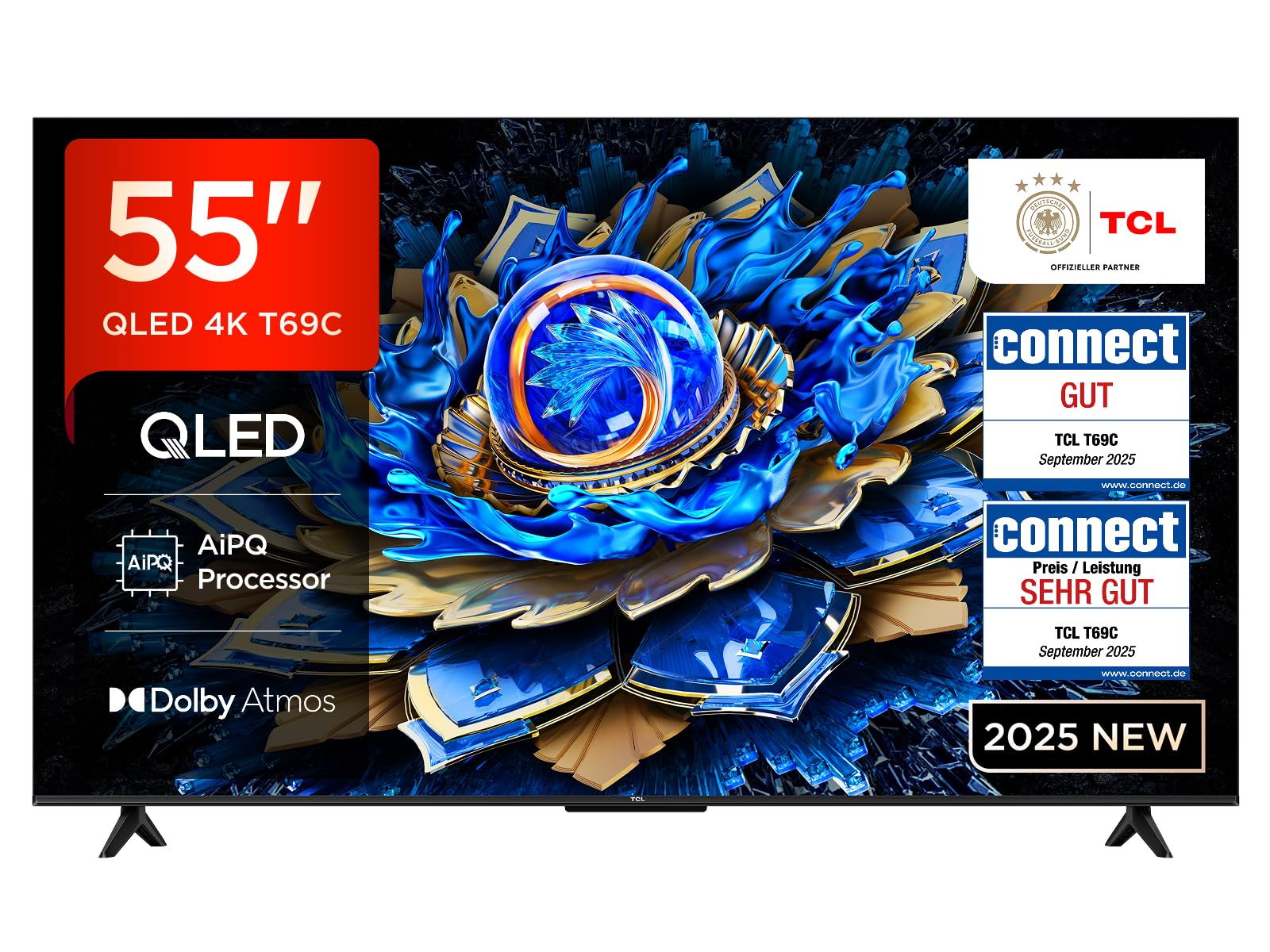 TCL 55T69C 55 Zoll QLED, Direct LED TV, 4K HDR TV, Smart Google TV (Dolby Vision & Atmos, Motion Clarity, Kompatibel mit Google Assistant & Alexa)