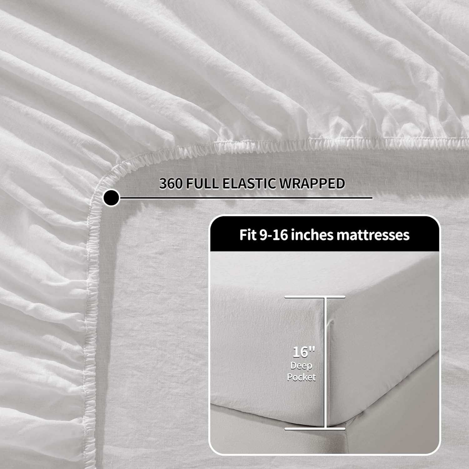 LBRO2M 100% Linen Sheet Set Queen Size, Bed Sheets 4 Piece Sets, Solid Color Natural Flax Bed Sheets Soft Breathable Bedding,16" Deep Pocket,All Season (Queen, White) - Image 4