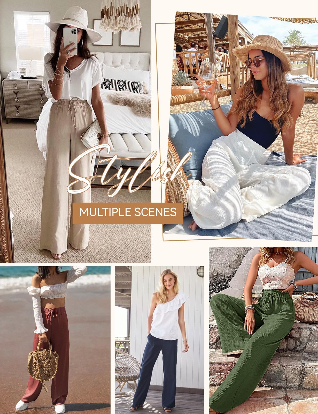 Pantalones Mujer Verano Lino Algodón Cintura Alta Elástica Anchos Casual