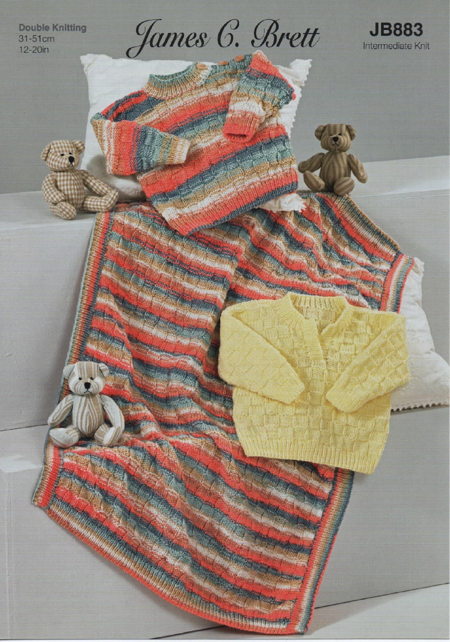 James Brett Double Knit DK Knitting Pattern Baby Sweaters & Blanket (JB883)