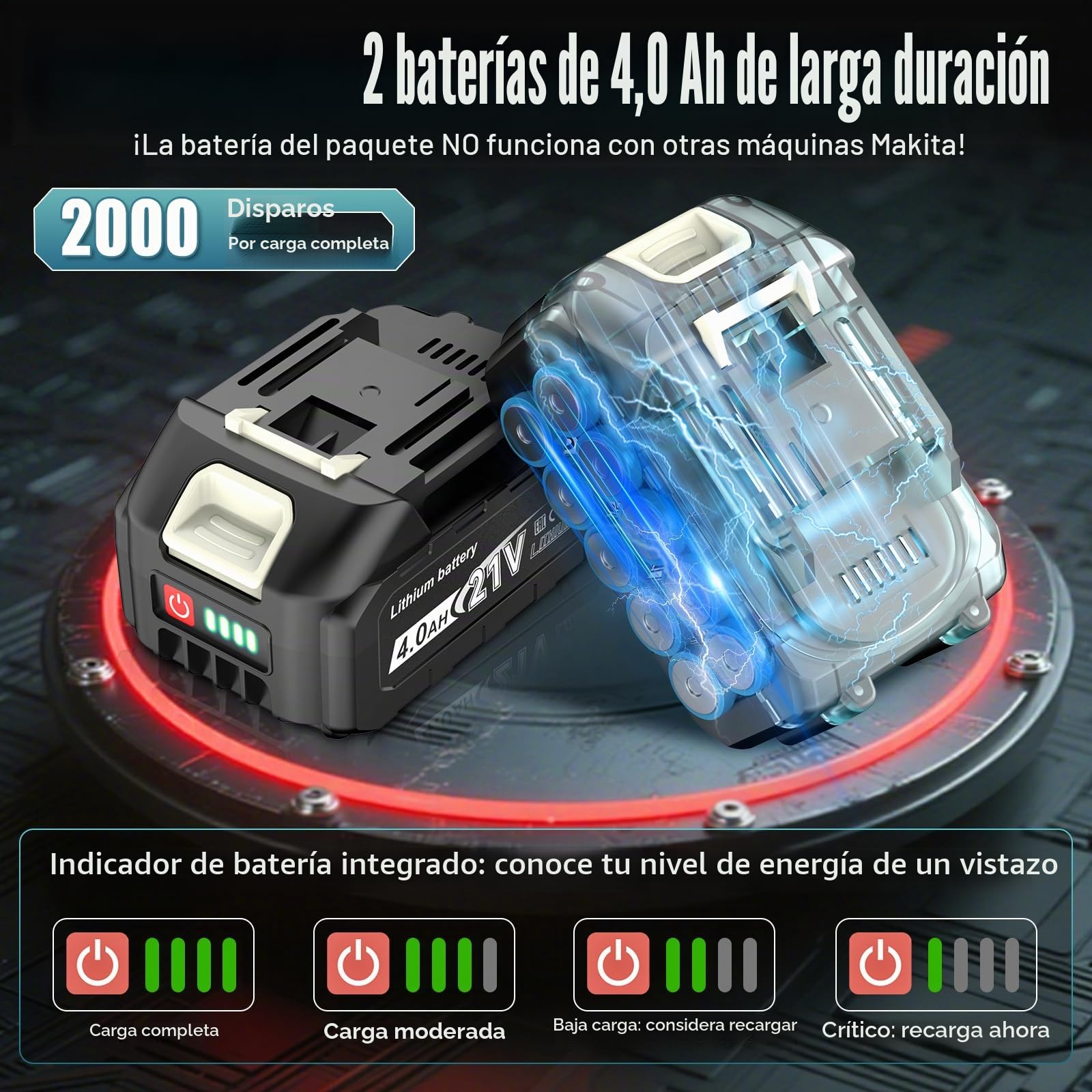 Clavadora Electrica Compatible con Baterías Makita de 18V, Actualización 2 en 1 18GA Pistola de Clavos con 2 Baterías de 4,0Ah y 1000 Clavos/Grapas, 6 Ajustes de Profundidad para Madera