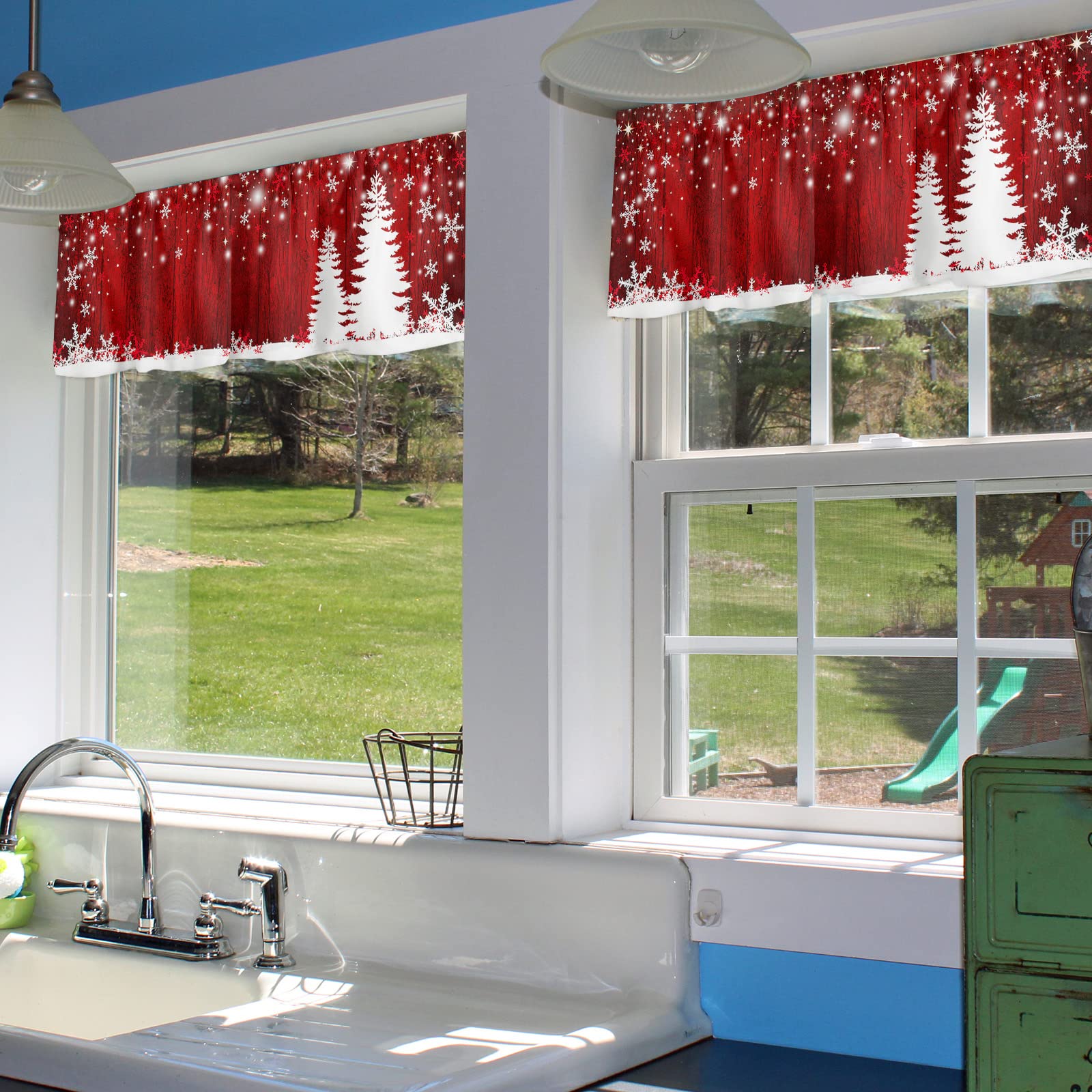 Christmas Valances For Windows - Red & Black Xmas Tree Snow Rod Pocket Curtains, 54x18 Inch, For Kitchen, Bathroom, Bedroom - View #9