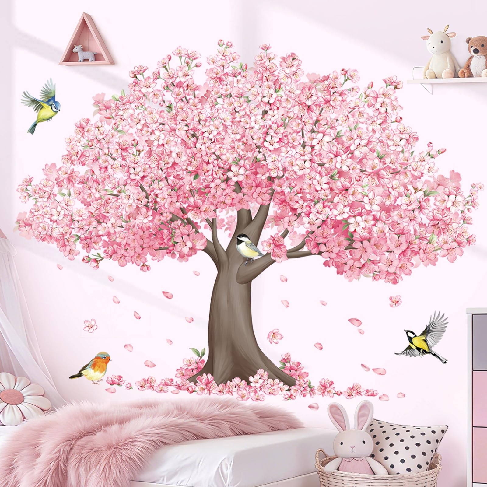 decalmile Stickers Muraux Grand Arbre Fleurs de Cerisier Autocollant Mural Floral Rose Oiseaux Décoration Murale Bébé Fille Chambre Enfants Pépinière