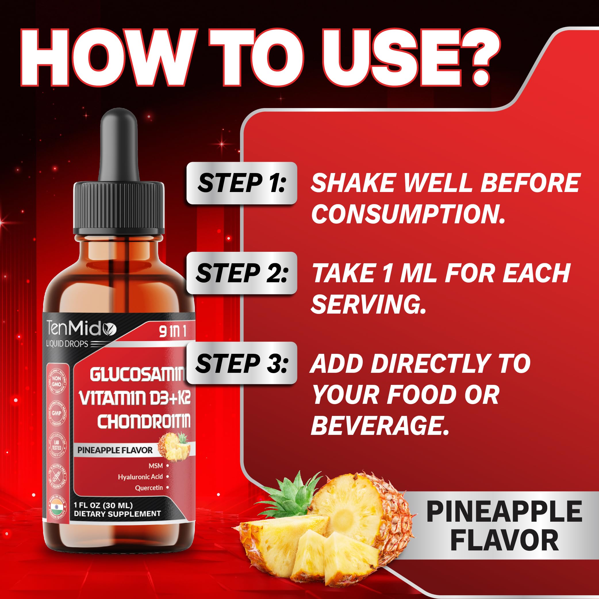 Glucosamine Chondroitin MSM Liquid Drops - 9in1 with Vitamin D3, Vitamin K2, Hyaluronic Acid, Quercetin, Boswellia, and Bromelain - Vegan, Non-GMO - 30ml 1 Fl Oz — Amazon image 6