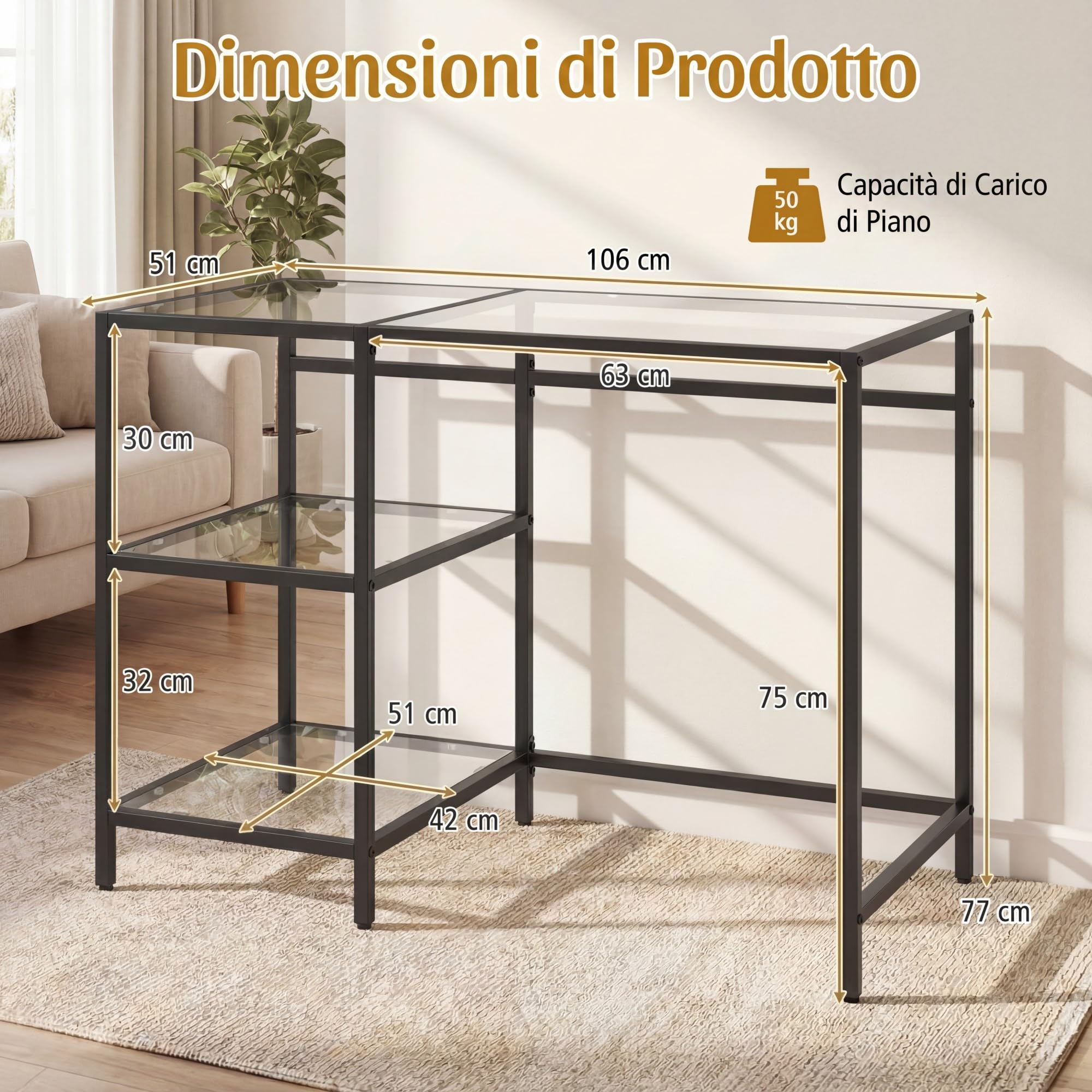 RELAX4LIFE Scrivania in Vetro Temperato, Scrivania per Computer con 2 Ripiani Aperti e Struttura in Metallo, Tavolo Consolle Moderno per Soggiorno, Ufficio e Studio, 106 x 51 x 77,5 cm (Nero)