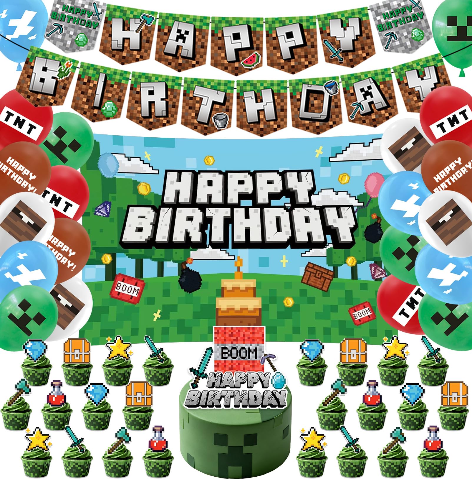 47PCS Birthday Decorations Set, Party Supplies with Happy Birthday Banner, 20 Latex Balloons, Birthday Backdrop, 25 Cake Toppers for Kids Game Themed Party Decorations Cartoon Supplies
