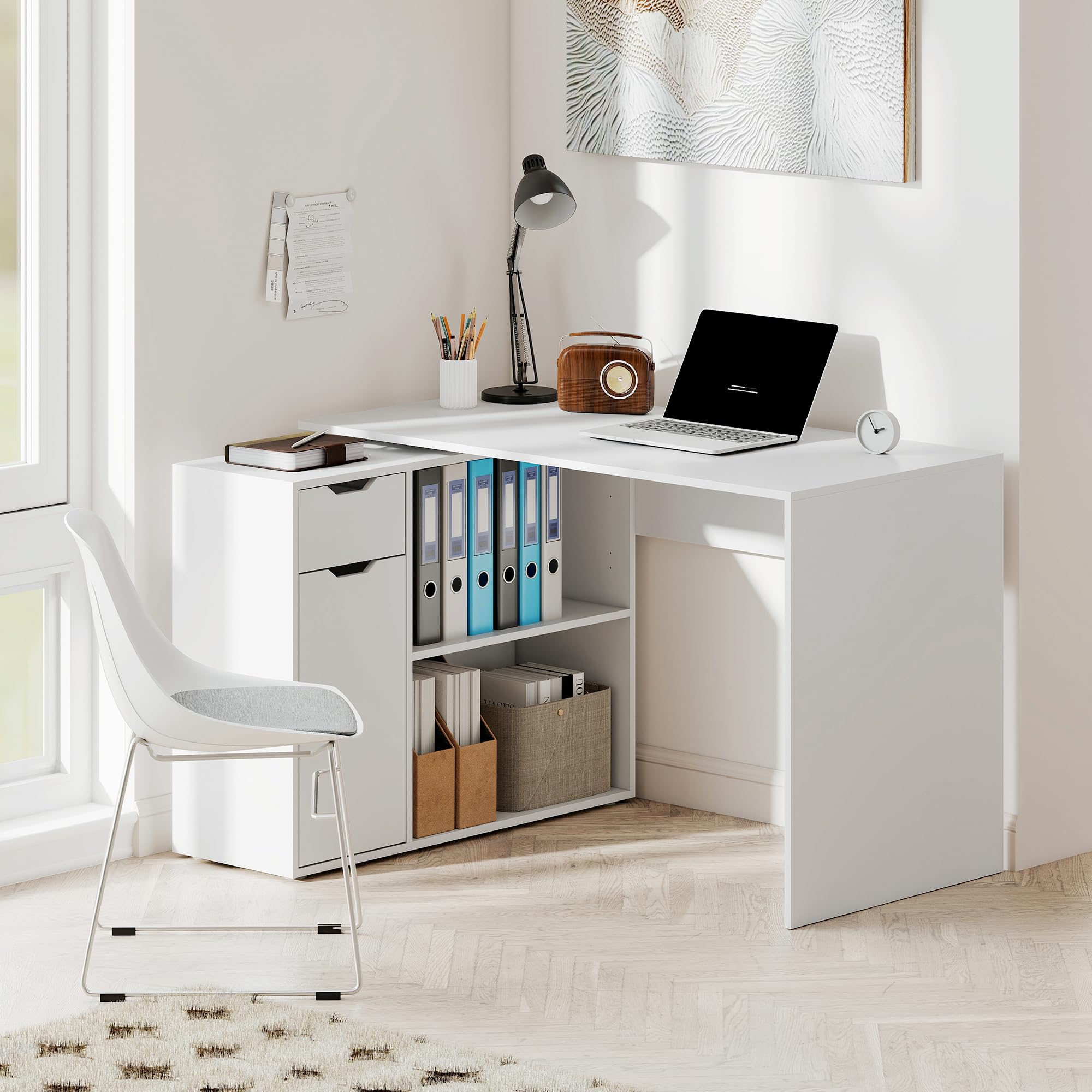HOMCOM Eckschreibtisch Computertisch mit Schublade 120 x 96 x 75 cm Weiß | L-Form Winkelschreibtisch, 1 Tür, Offene Ablagen, für Dokumente im A4-Format, Hergestellt in der EU