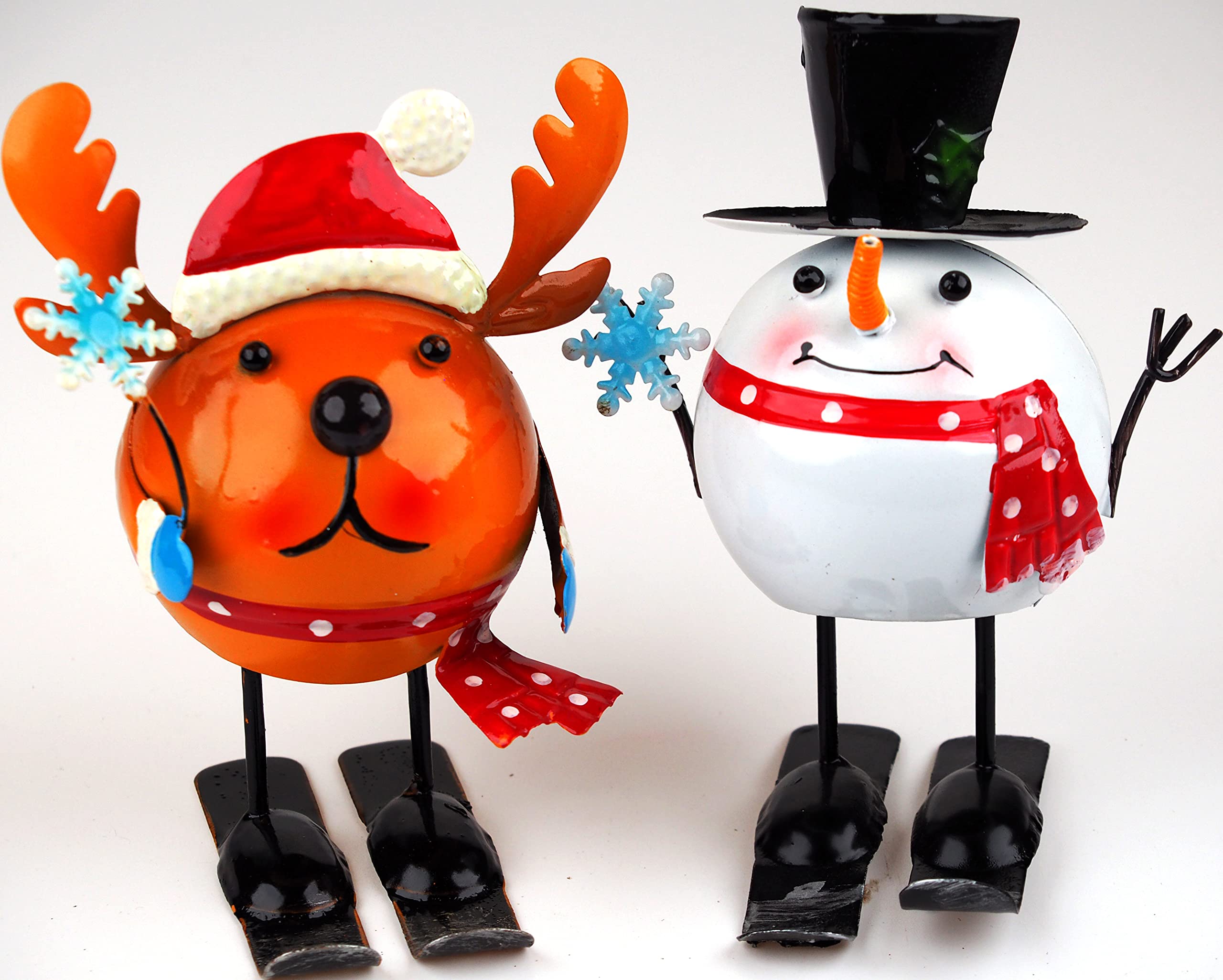 BWG Set Of 2 Wobble Head 15cm Metal Novelty Ornaments - Snowman Reindeer