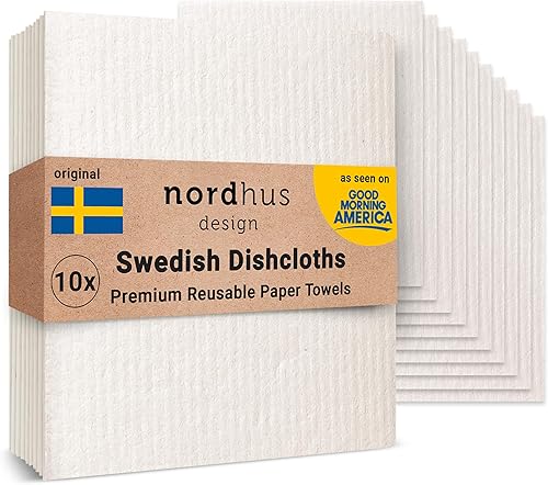 Paños de cocina suecos, paquete de 10 unidades con gancho negro, reutilizables, lavables, paños de cocina de algodón de celulosa  Reemplazar toallas