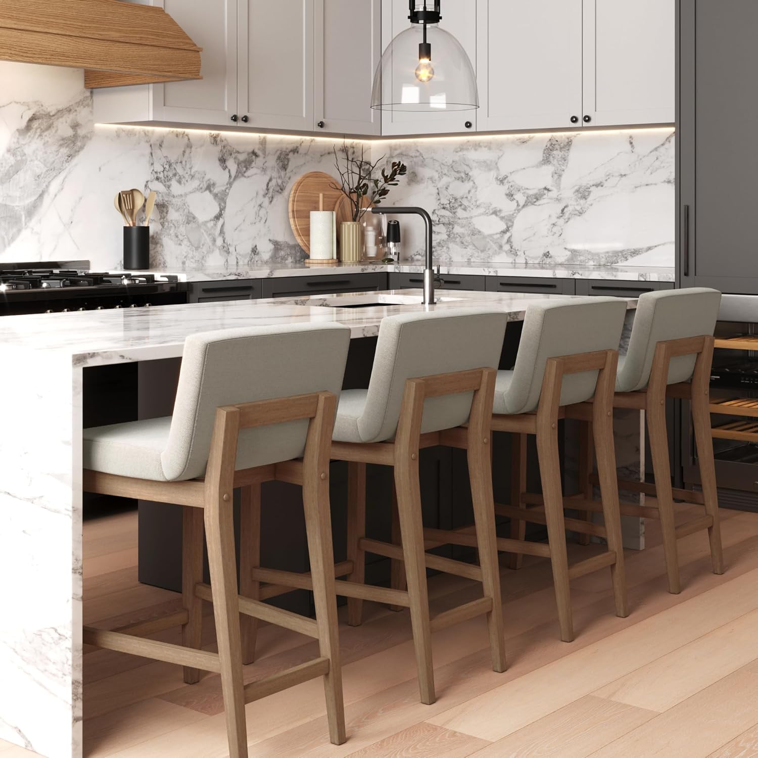 Nathan James Gracie Modern Counter Height Bar Stool with Back, Counter Stool Upholstered Chair with Natural Flax White Fabric and Brushed Wooden Legs, Natural Flax/Brown, Set of 4