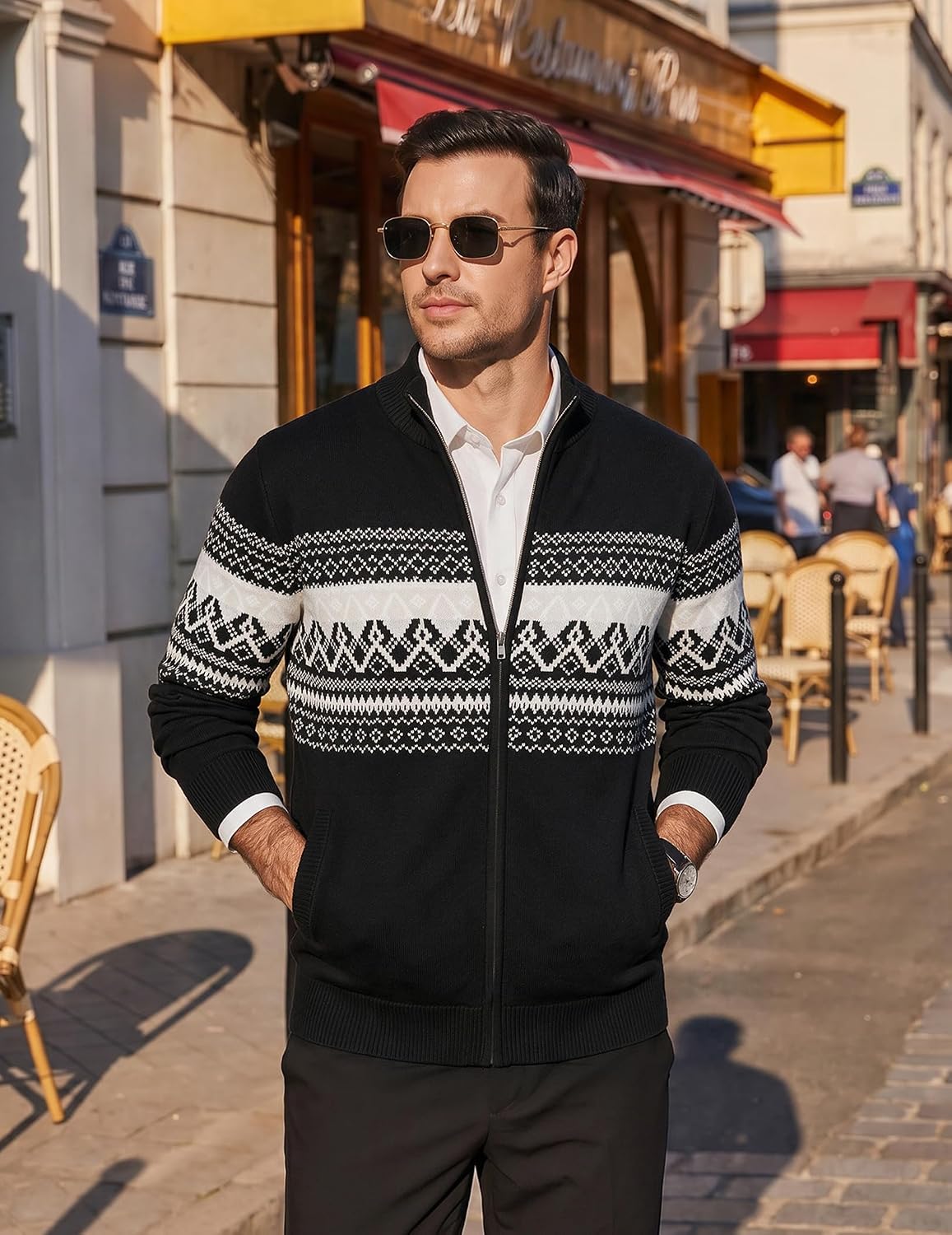COOFANDY Men's Full Zip Cardigan Sweaters Mock Neck Knitwear with Pattern image 3