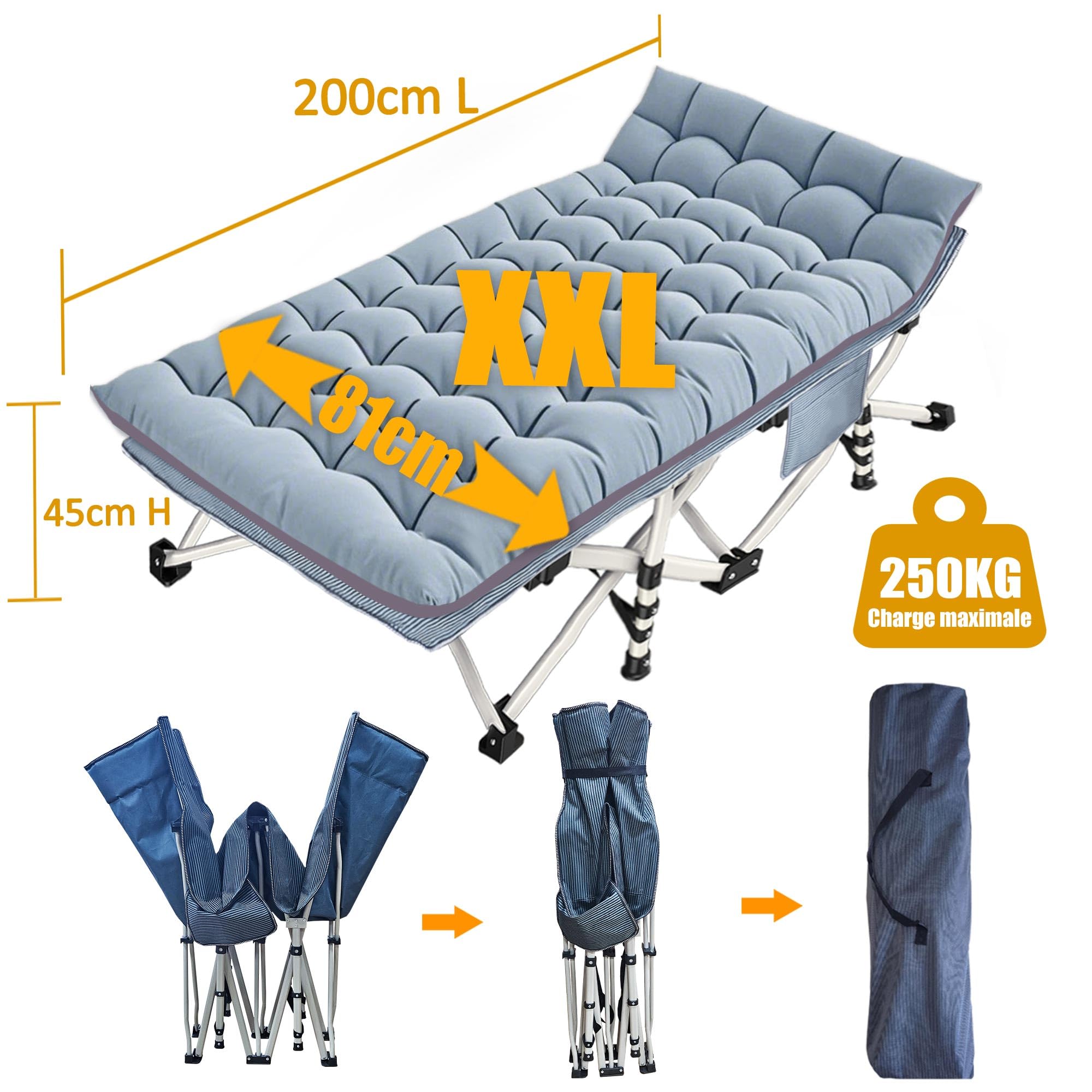 Lit de Camping surdimensionné XXL 81,3 cm de Large avec Matelas Confortable pour Adultes – Lit de Camping Extra Large pour Dormir, Pliable Robuste avec Sac de Transport pour la