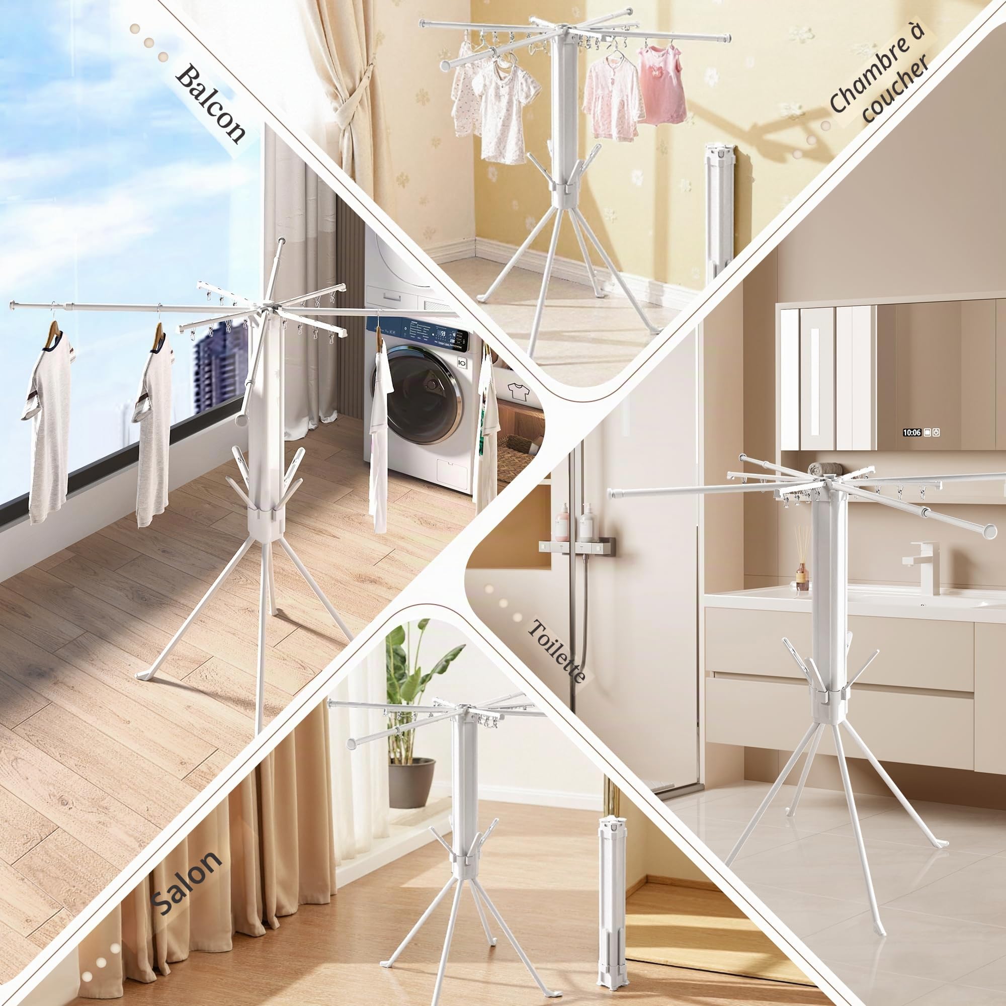 Étendoir à Linge sur Pied 4 Pieds, Pliable et Gain de Place, séchoir avec Pinces à Chaussettes et 4 Supports pour Chaussures, étendoir Robuste pour intérieur et extérieu