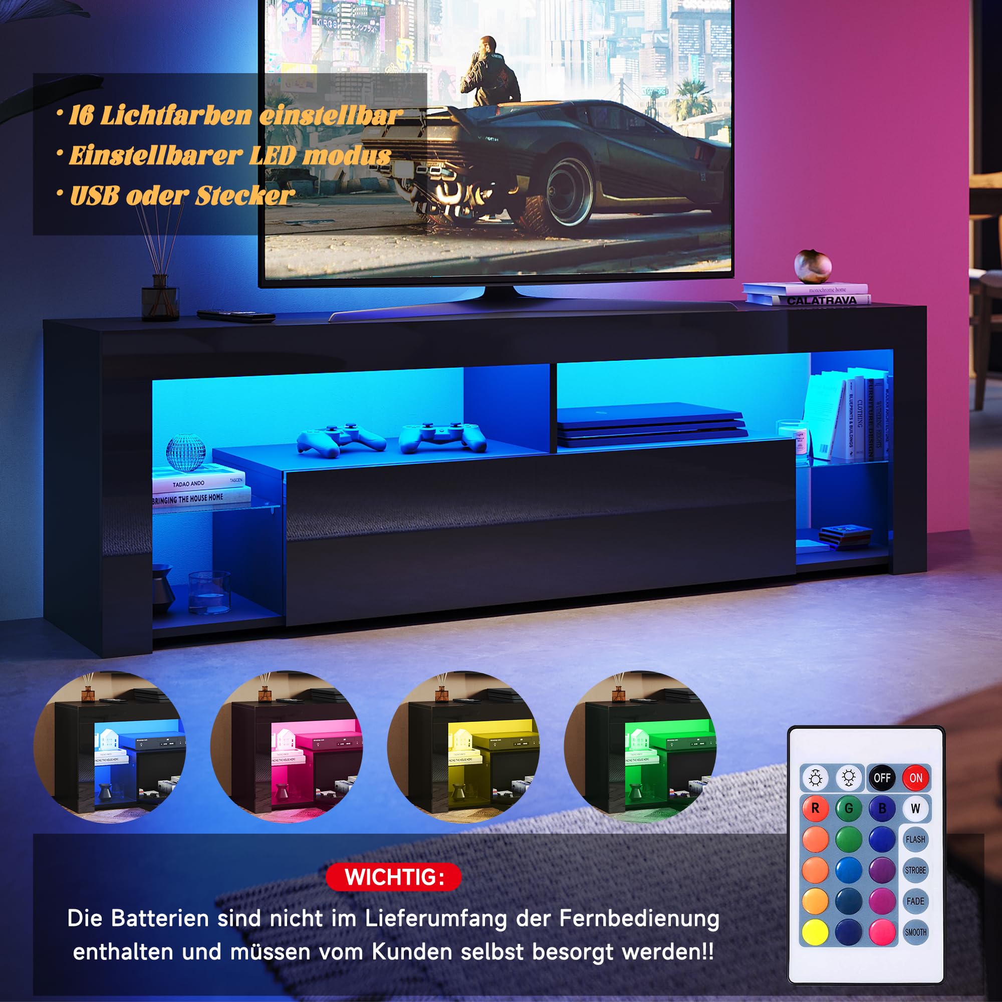 LED TV Lowboard Schwarz, TV Schrank 180cm mit 16 Led Farben Beleuchtung TV Board mit Glasböden Hochglanz 180 x 35 x 50,5 cm