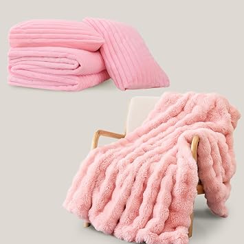 Smoofy Fluffy Queen Comforter Set 3 Pieces - Pink Fleece Fluffy Comforter & Pink Throw Blanket Bubble Blanket - Faux Fur Throw Tlanket 50" x 60"