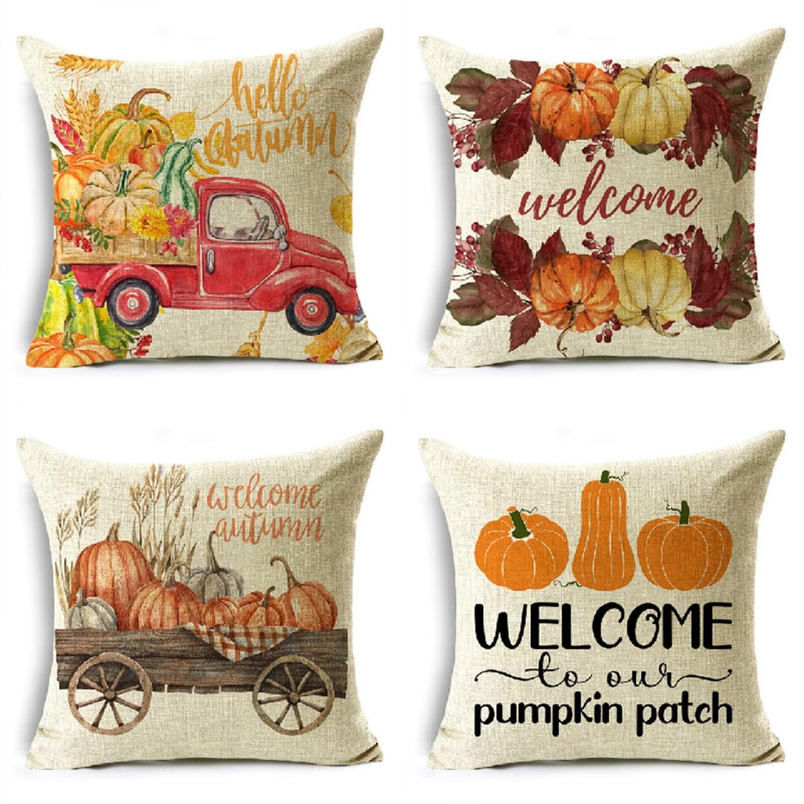 Federe Cuscini Divano 55x55cm Set di 4 Giallo Copricuscini, Bifacciale morbido Cuscini Divano con Cerniera Invisibile Zucca auto Fodere per Cuscini, per Letto Sedia Soggiorno Camera Decorativo JN-8942