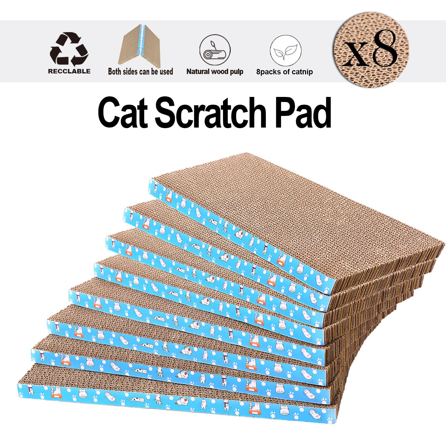 8 paquetes en 1 almohadilla para rascar gatos, cartón rascador para gatos, reversible, cartón reciclable duradero, antiarañazos premium, adecuado para que los gatos descansen, molan garras y jueguen