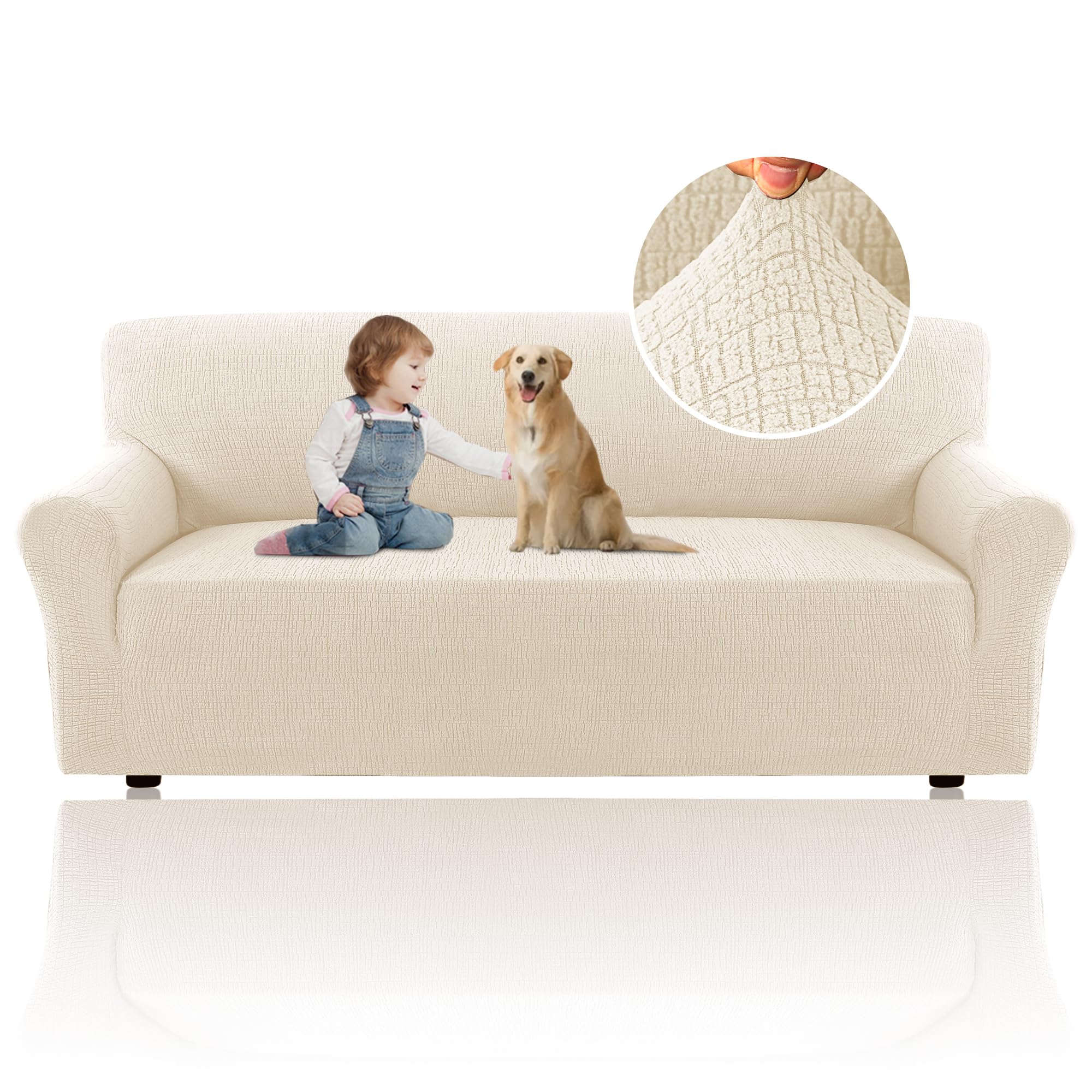 H.VERSAILTEX 2024 Newest Jacquard Couch Covers for 3 Cushion Couch 1 Piece Stretch Sofa Covers Furniture Protector Anti-Slip Soft Thickened Dogs Slipcovers Washable Crizzle Pattern(Sofa, Ivory)