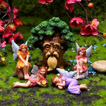 Fairy Garden Accessories Set 5 Pcs, Miniature Fairies and Tree Spirit Figurines, Resin Fairy Garden Statues for Outdoor Yard Decor, Terrarium, Micro Landscape & Plant Pots