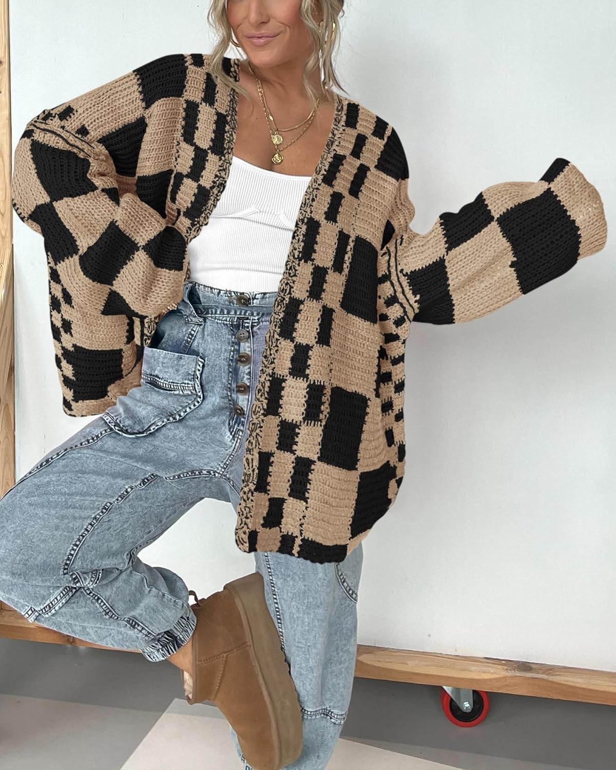 BTFBM Casual Cardigan Sweater for Women Fall 2026 Long Sleeve Sweaters | Fall Outfits, Loose Fit,Solid,Open Front Chunky Knit Sweaters,Chunky Cardigan Sweaters For Women,Checkered Outwear Coat
