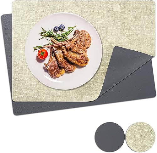 Juego de 2 manteles individuales con posavasos de doble cara, resistentes al calor, resistentes a las manchas, manteles individuales de piel