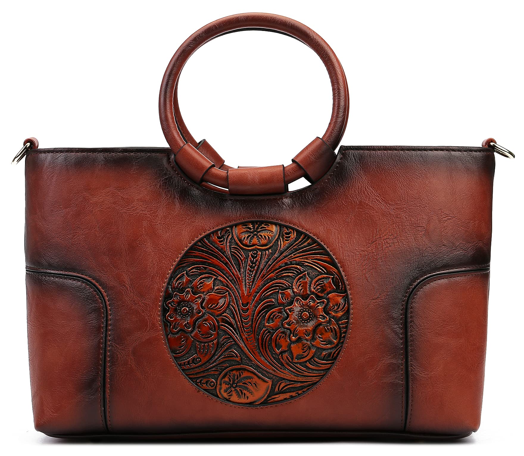 Genuine Leather Handbag For Women - Vintage Embossed Totem Shoulder Bag & Tote