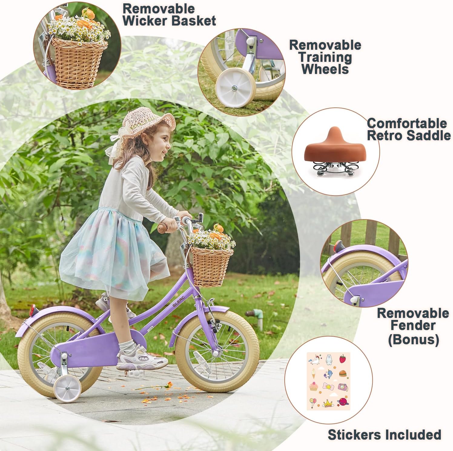 Glerc Little Molly 12-20 Inch Kids Retro Cruiser Bike for 2-13 Year Old with Wicker Basket & Training Wheels/Kickstand, Multiple Colors Purple 14 Inch With Training Wheels