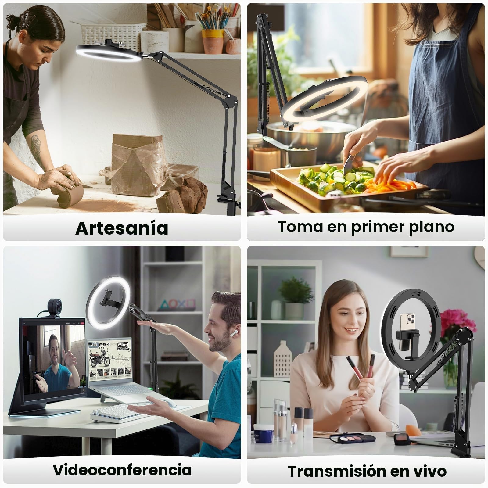 LUXSURE Aro de Luz con Tripode, Ring Light con Función Bluetooth, 10'' Anillo de Luz Aro de Luz con Brazo de Soporte Resistente y Soporte para Teléfono para Grabar Videos, Cocina, Transmisión en Vivo