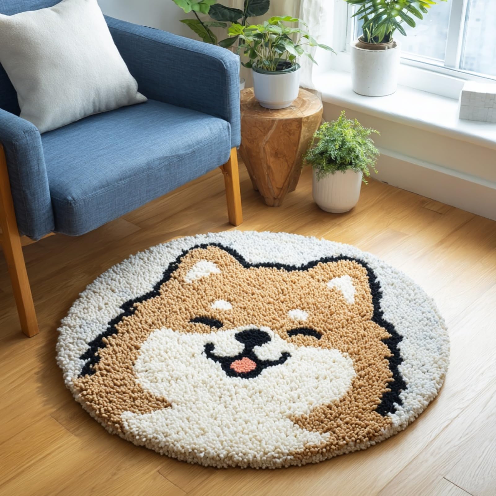 WallustrioaW Latch Hook Rug Kits for Adults Beginners,Pomeranian,DIY Craft Doormat Carpet Making Kit Tapestry Gift Home Decorations,50x50cm