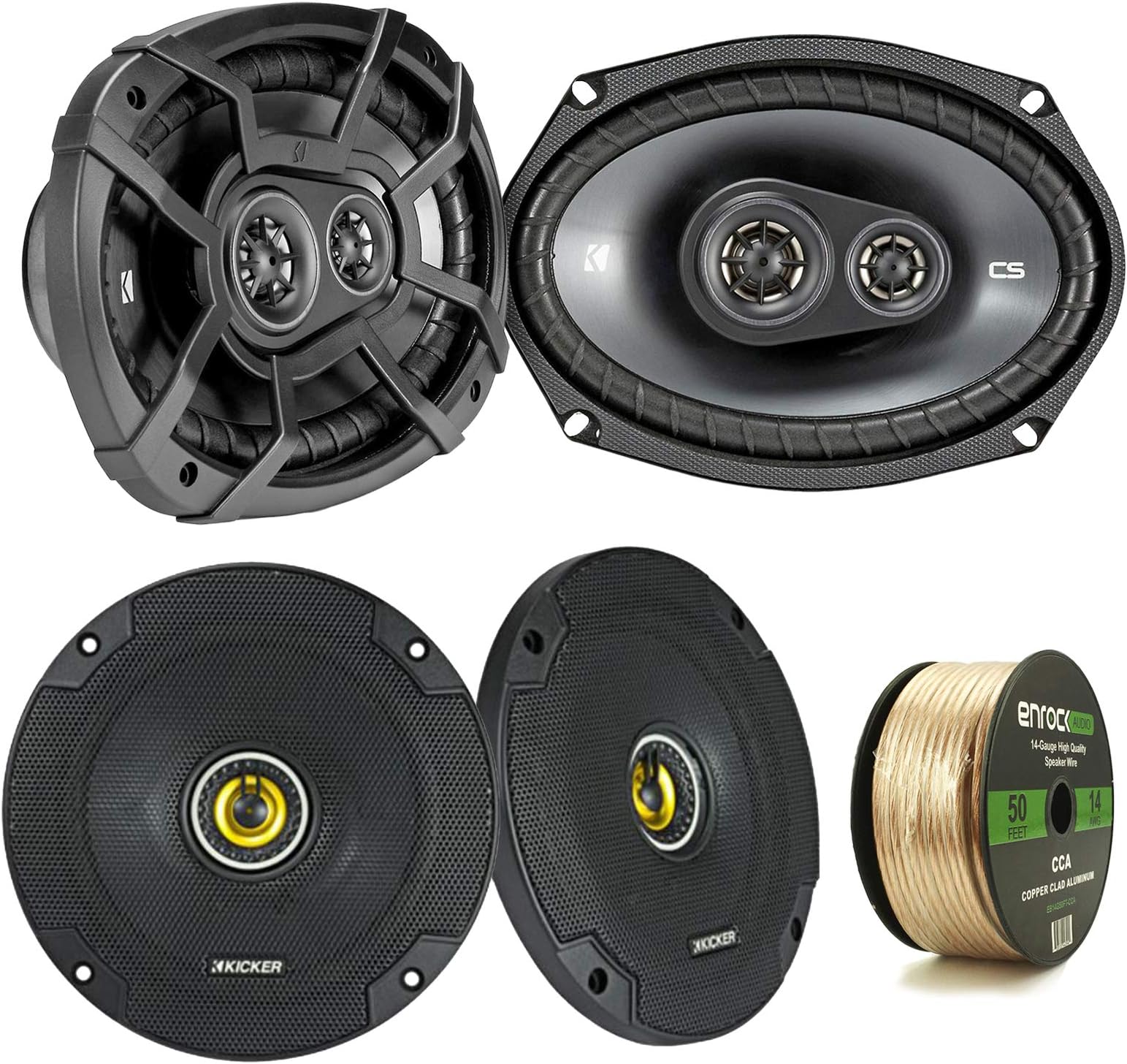 2 Pair Car Speaker Package Of 2x Kicker CSC654 600-Watt 6.5" Inch 2-Way Black Coaxial Speakers + 2x CSC6934 900W 6x9" CS Series 3-Way Speakers - Bundle Combo With Enrock 50 Foot 14 Gauge Speaker Wire