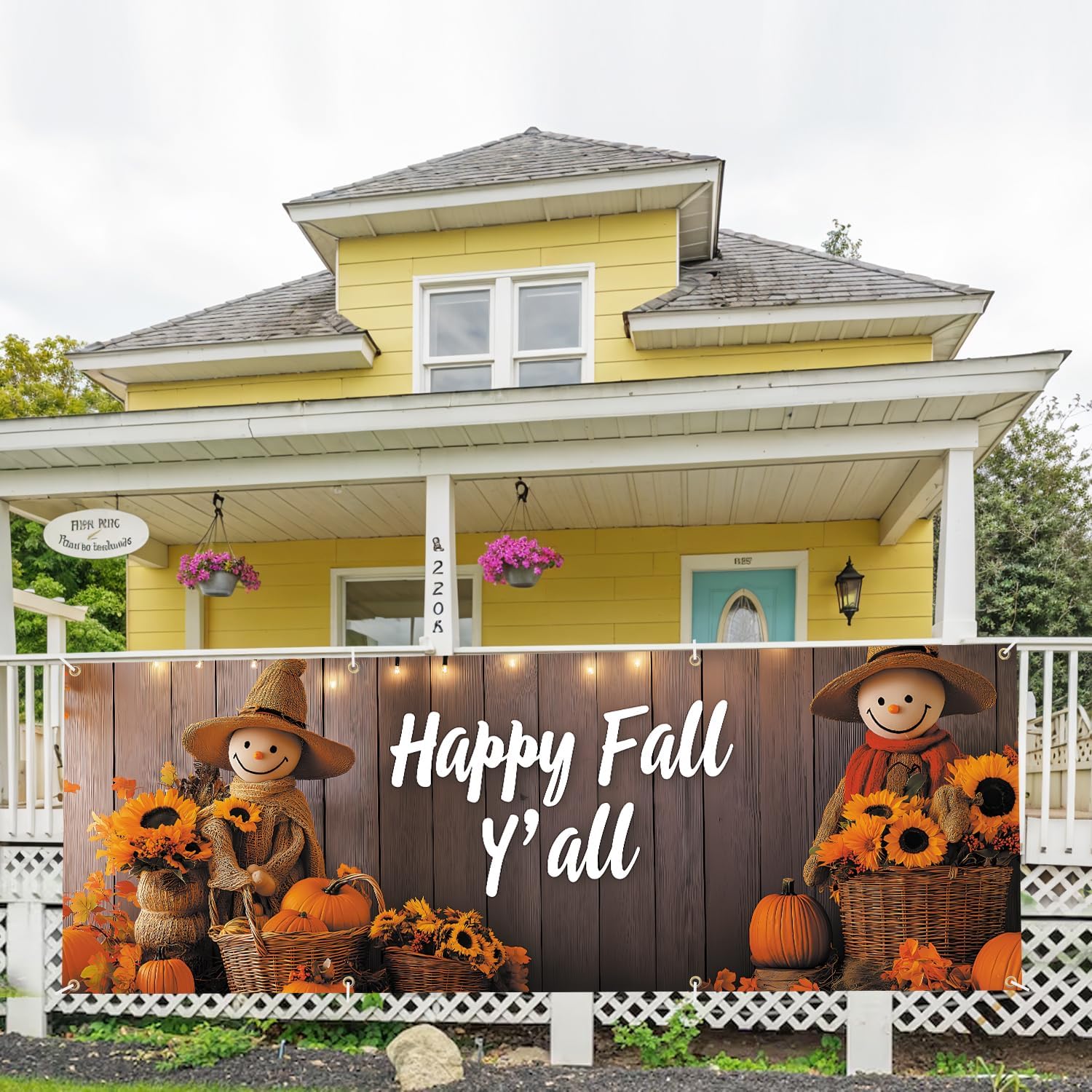 Extra Large Happy Fall Y'all Banner 98''x35'' Autumn Decorations Yard Sign Outdoor Decorations Pumpkin Maple Leaf Scarecrow Banner Outside for Garden Party