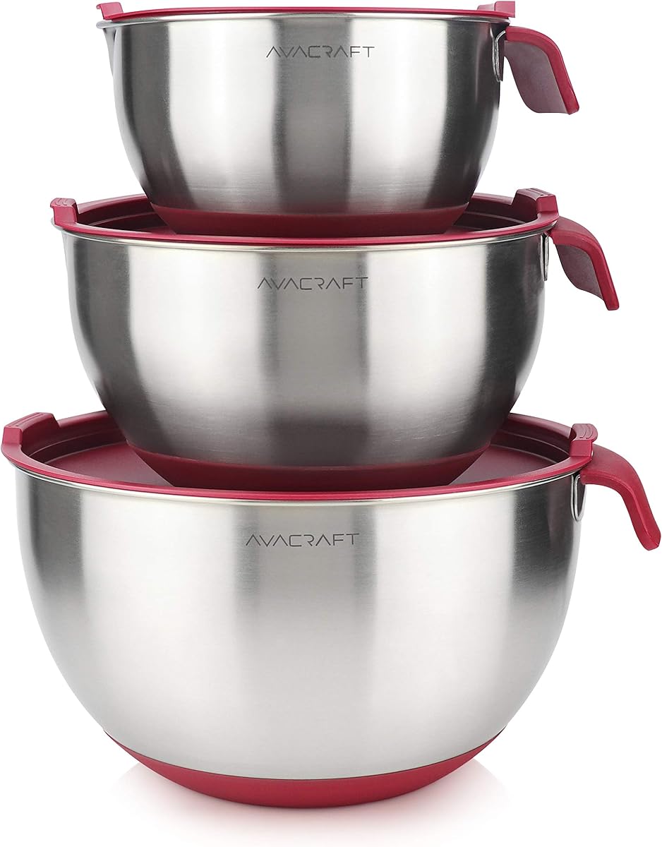 18/10 Stainless Steel Mixing Bowls with Lids, non slip silicone base bowls with Handle, Mixing Bowl Set with Pour Spouts & Measurement Marks, Home Essentials Cooking Bowls, (Red)