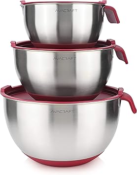 AVACRAFT 18/10 Stainless Steel Mixing Bowls with Lids, non slip silicone base bowls with Handle, ...