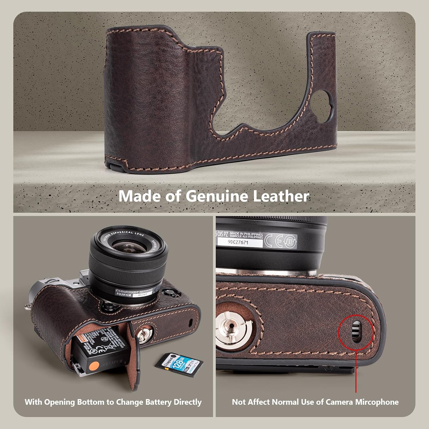 MUZIRI KINOKOO Case Compatible for Fujifilm X-T50/ Fuji XT50 Digital Camera, Retro Style Genuine Leather Fuji XT50/Fuji XT50 Half Case - with Opening Bottom and Hand Grip Design - Coffee