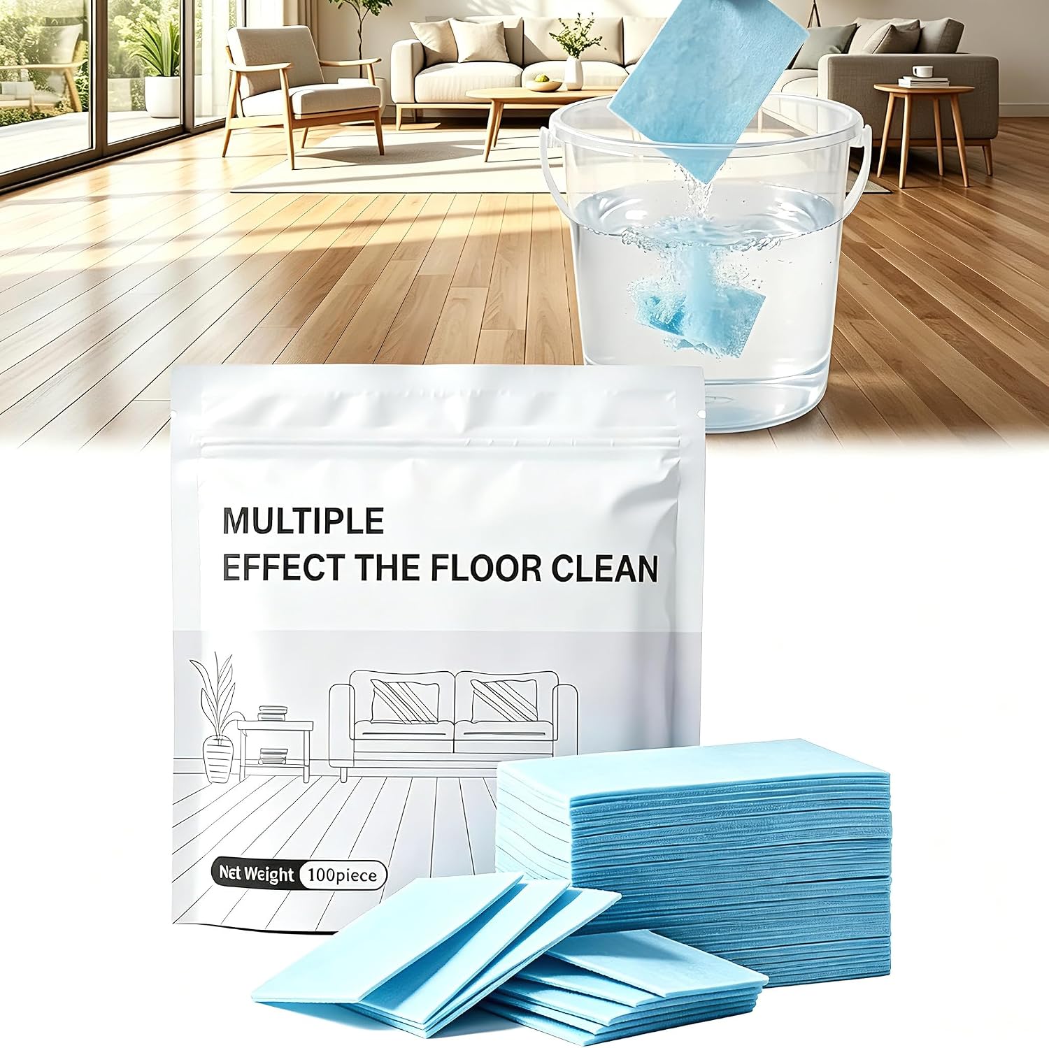 Multi‑Effect Water‑Soluble Floor Cleaning Tablets, Multi‑Surface Cleaner for Hardwood Laminate Tile Glass, Blue, 100‑Pack