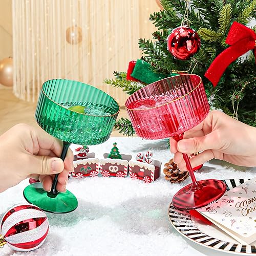 Miniatura 7 de 24 vasos de plástico Champagne Coupé de 10 onzas desmontables con borde dorado Martini, copas de cupé acanaladas verdes, vasos vintage de Margarita,