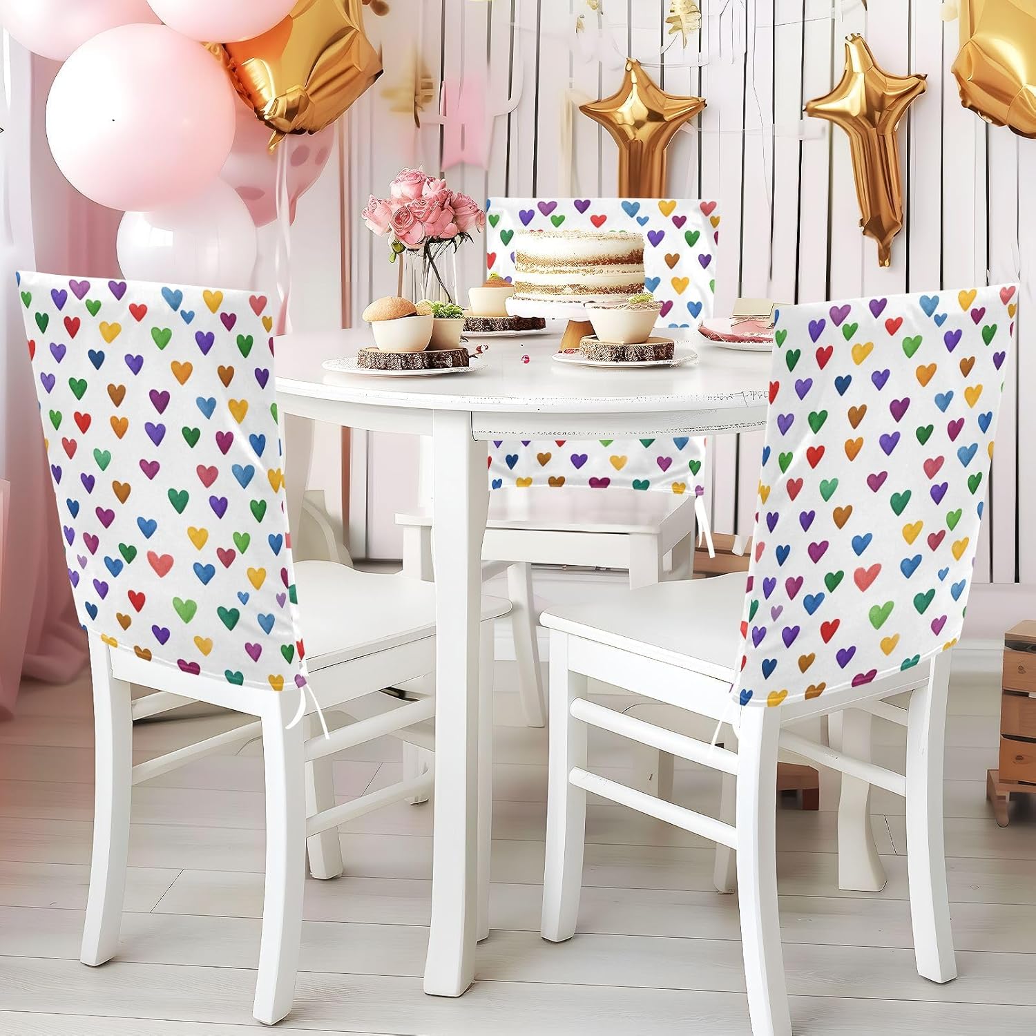 ALAZA Vintage Rainbow Hearts Chair Back Cover Set of 6, Washable Reusable Removable Chair Slipcovers Decorative Chair Cover for Home Kitchen Wedding Party