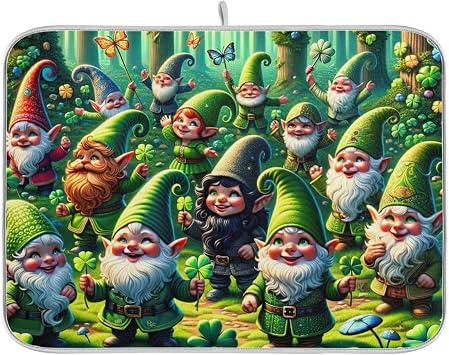 St. Patricks Day Gnomes Dish Drying Mat For Kitchen Counter Microfiber Absorbent Drying Pad 18 x 24 Inch Protector Mats Dishes Drainer