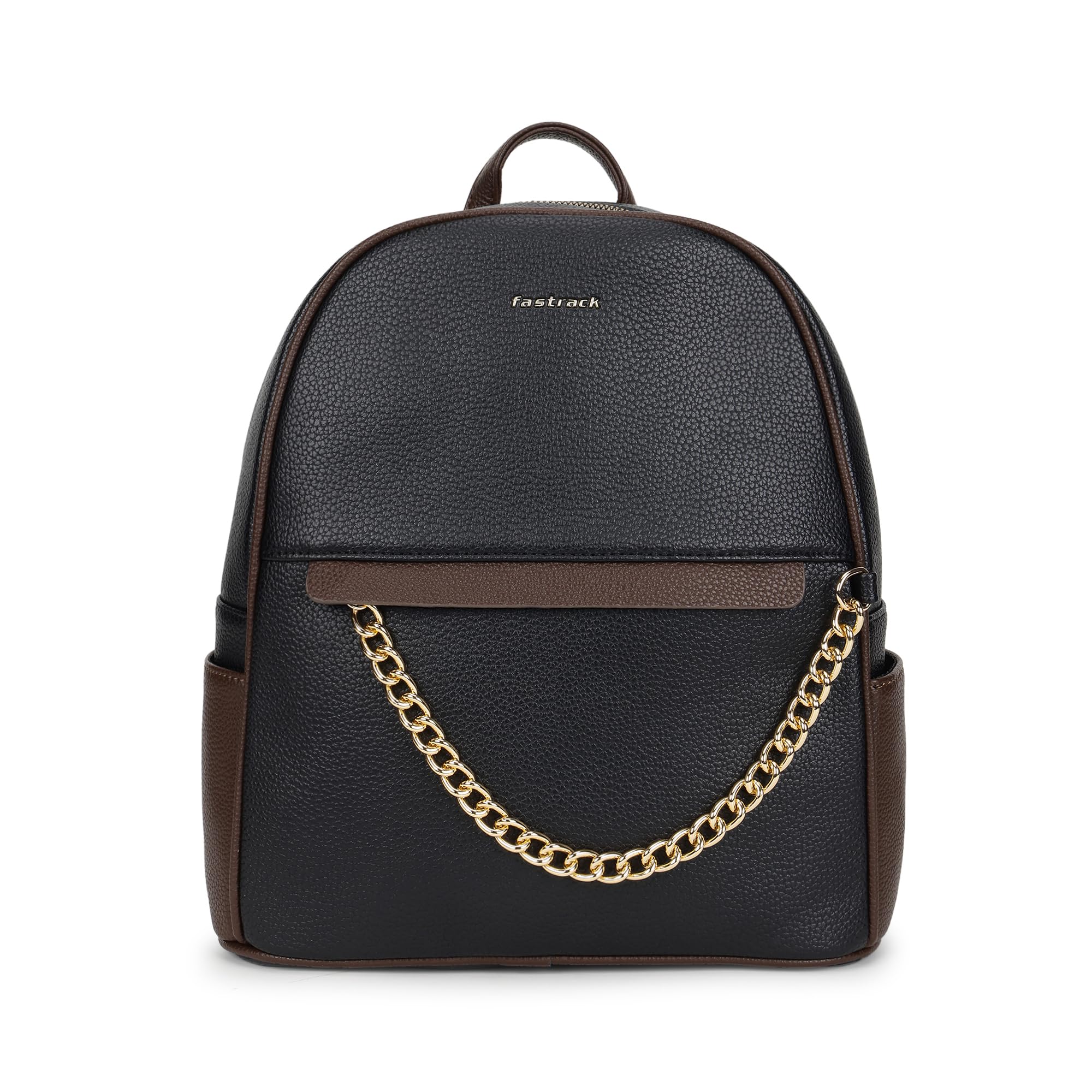 Midnight Couture Backpack | Black Pebbled Faux Leather Backpack with Brown Accents & Gold Chain Detail | Spacious Compartment with Tablet Sleeve, Organizer Pockets & Adjustable Straps-image-28