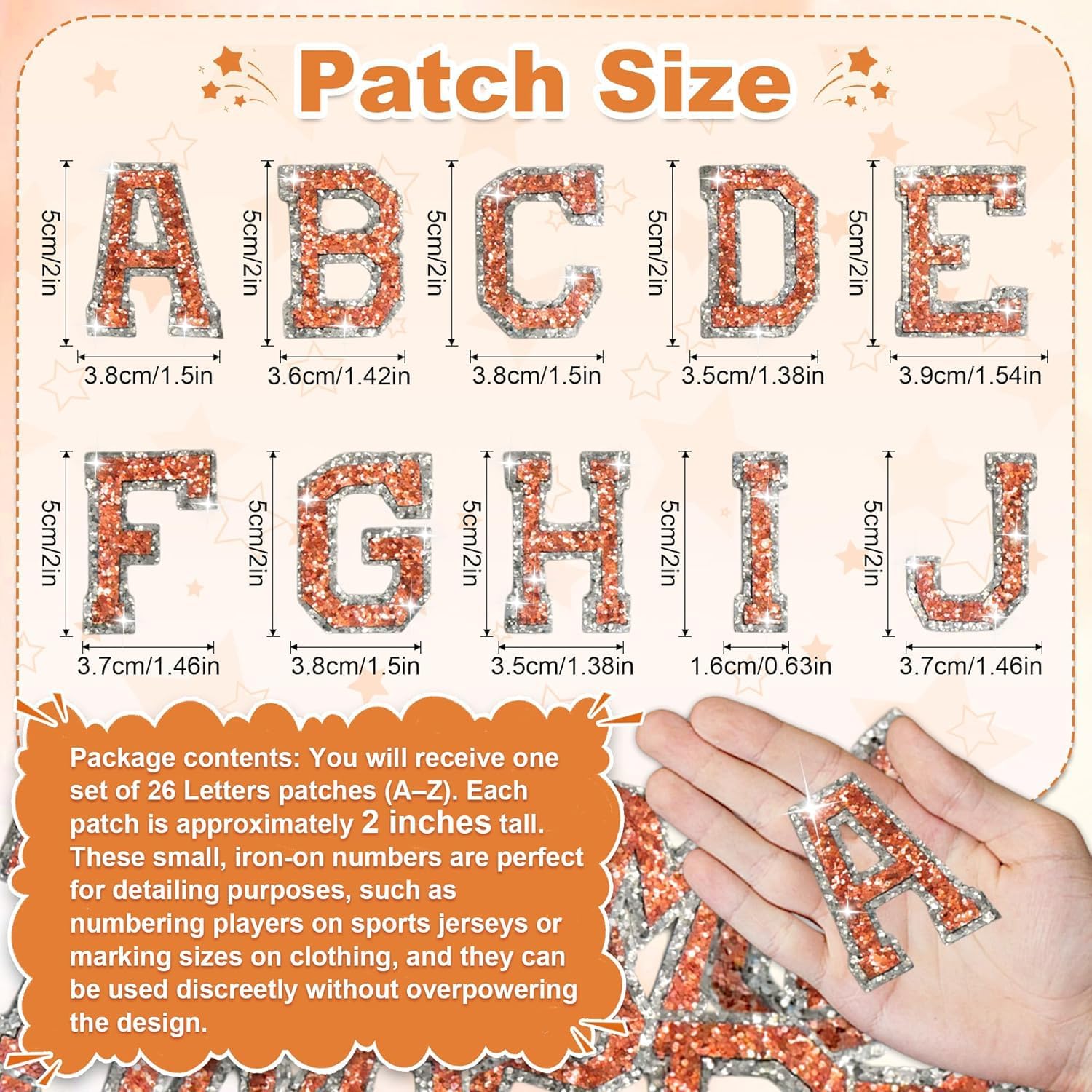 26 Pcs Iron On Letters, 2 Inch Glitter Iron On Letters, A-Z Iron On Letter Patches for Clothes, Backpacks, Jackets, Hats, Jeans, Bags, Fabric, DIY Accessories (Orange)