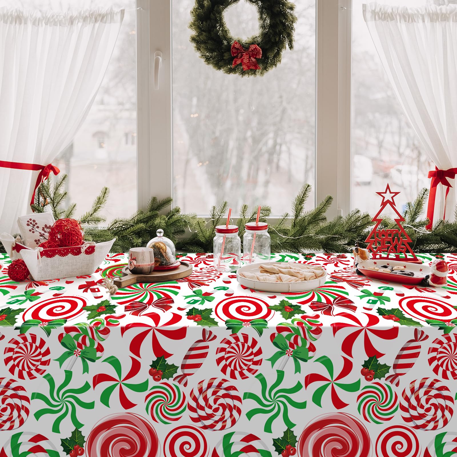 12-Pack Christmas Tablecloths – Red & Green Peppermint Swirl Design, Plastic, 54x108 Inch Disposable