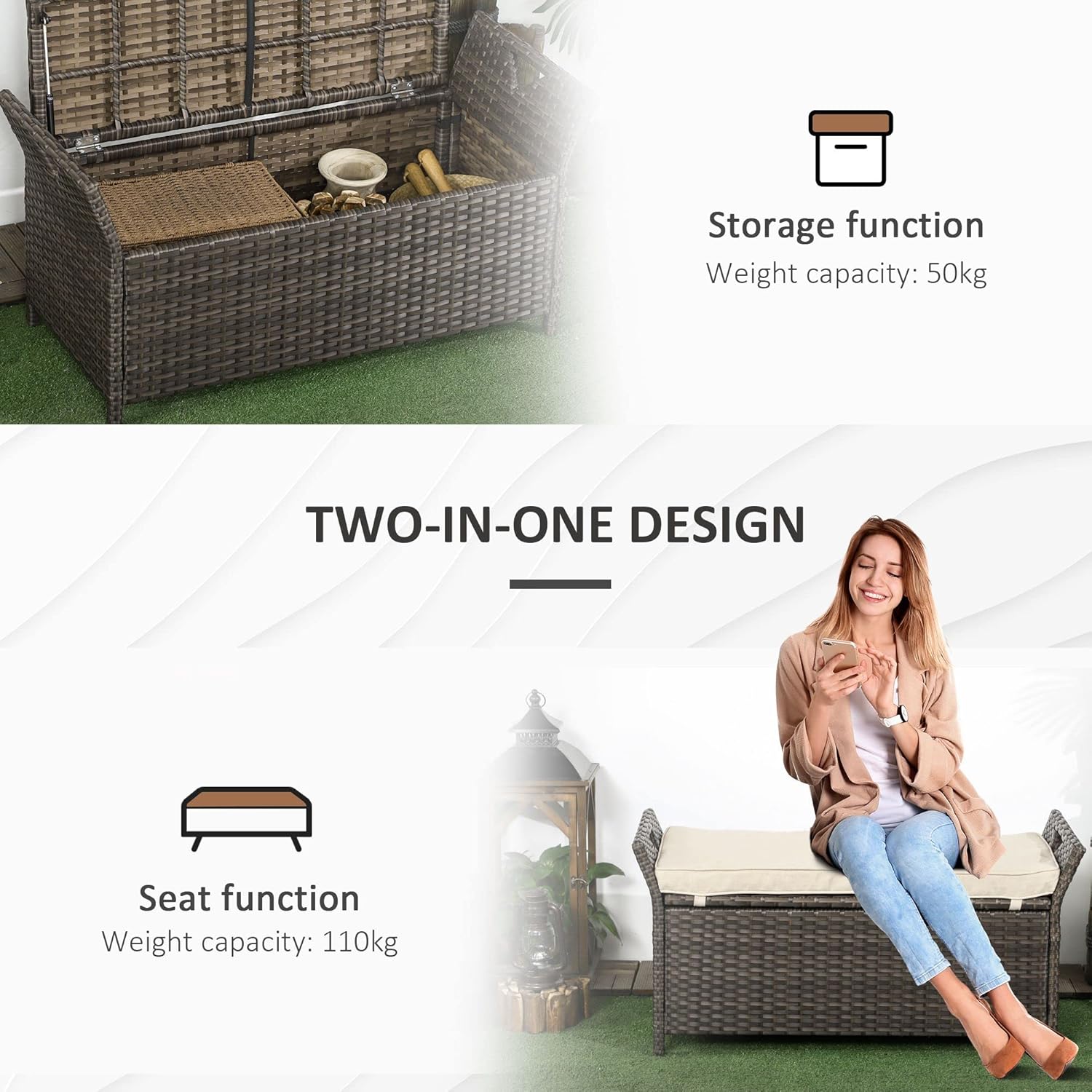 27 Gallon Patio Wicker Storage Bench, Outdoor PE Rattan Patio Furniture, 2-in-1 Large Capacity Rectangle Garden Storage Box with Handles and Cushion, Cream White