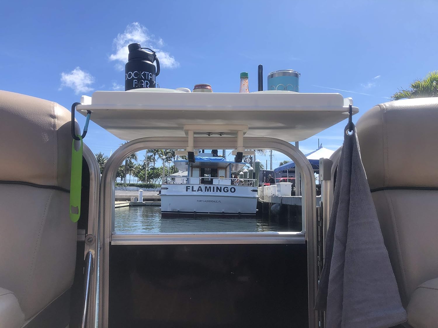 Docktail Bar Utility Boat Table - Pontoon Rail Mount | Boat Caddy Organizer, Portable Boat Table and Boat Bar, Pontoon Tables for Boats with Cup Holders, Boat Storage Accessories